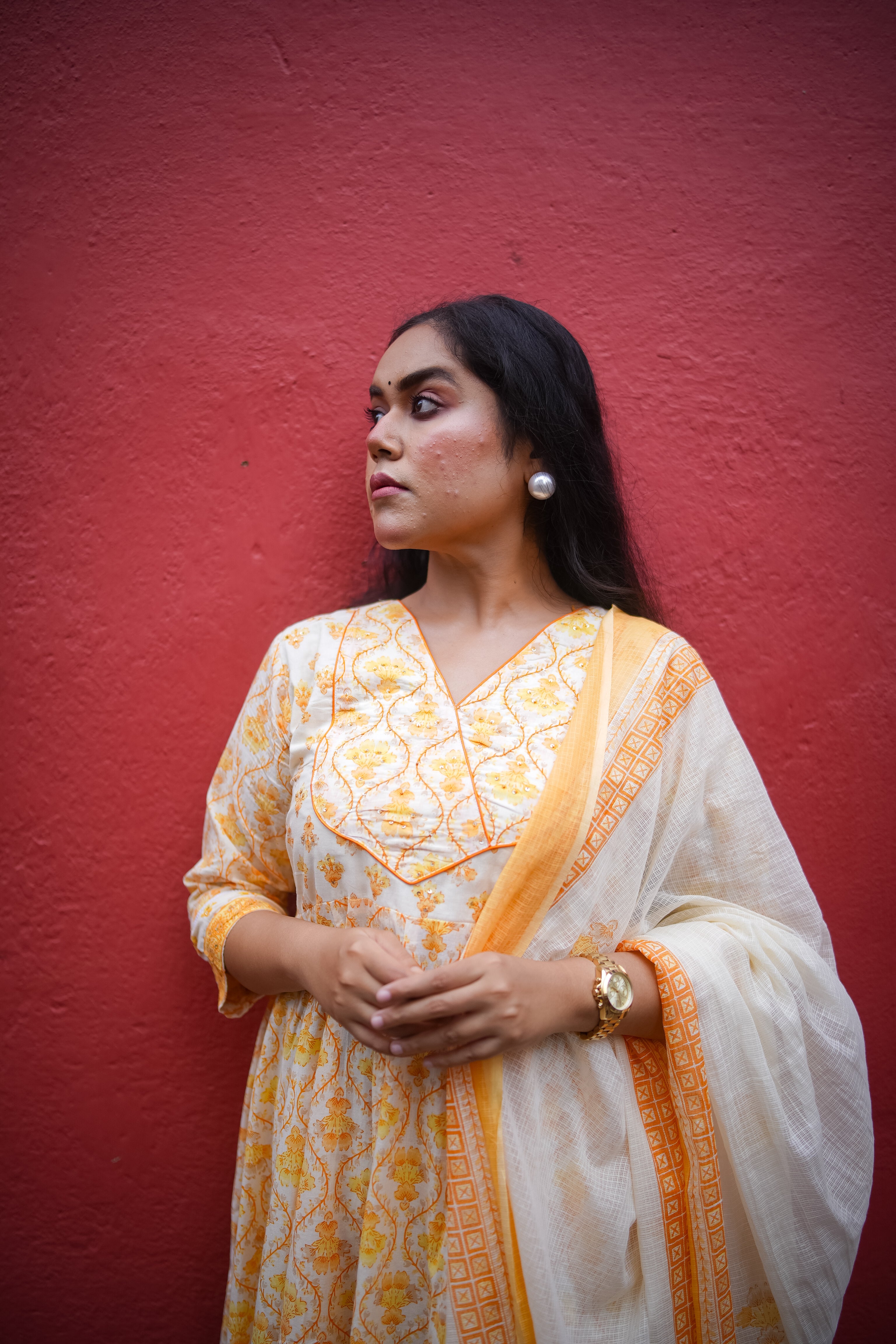 Yellow Floral Embroidered Anarkali Kurta with Pant & Dupatta