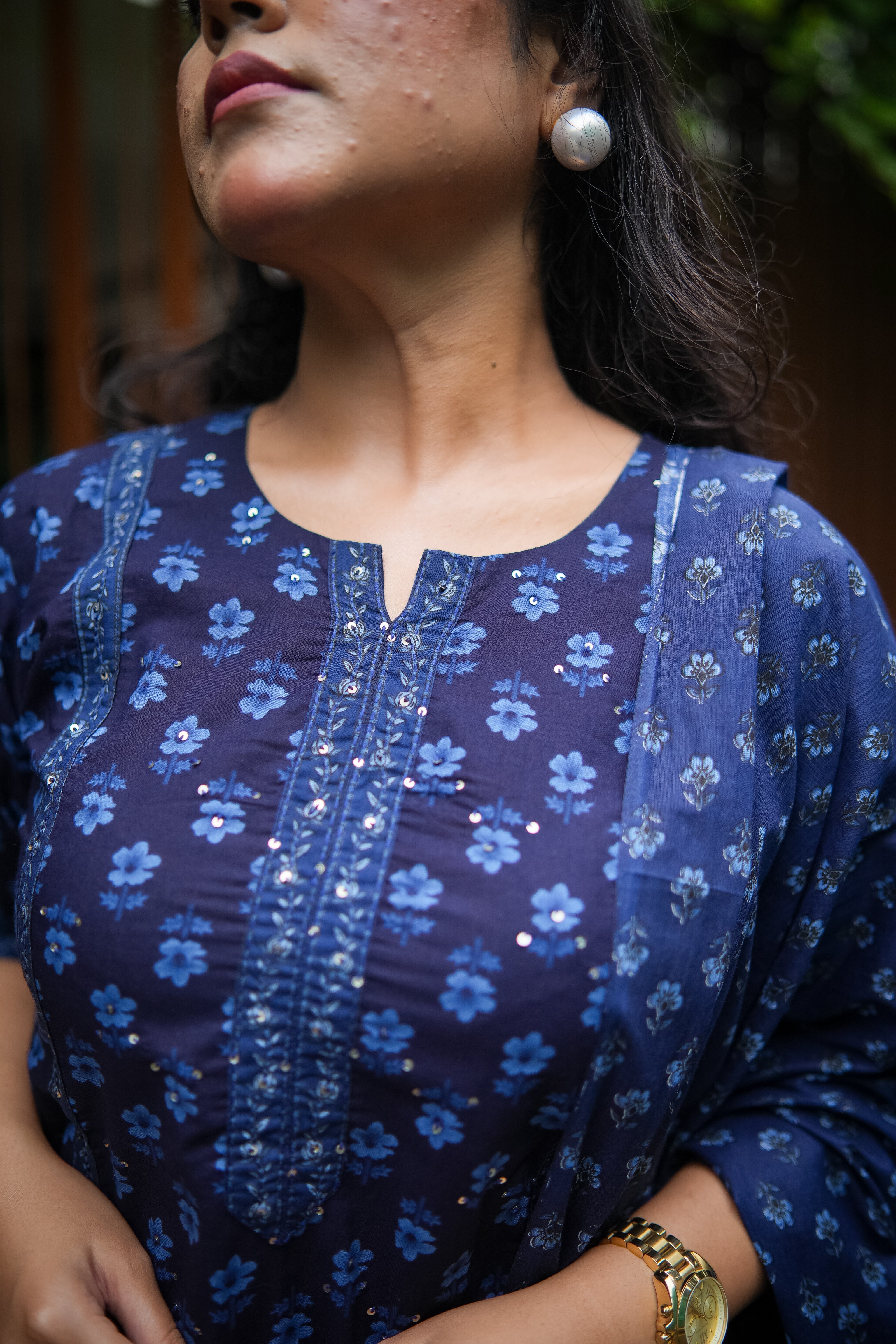 Navy Blue Floral Embroidered Kurta With Pant & Dupatta
