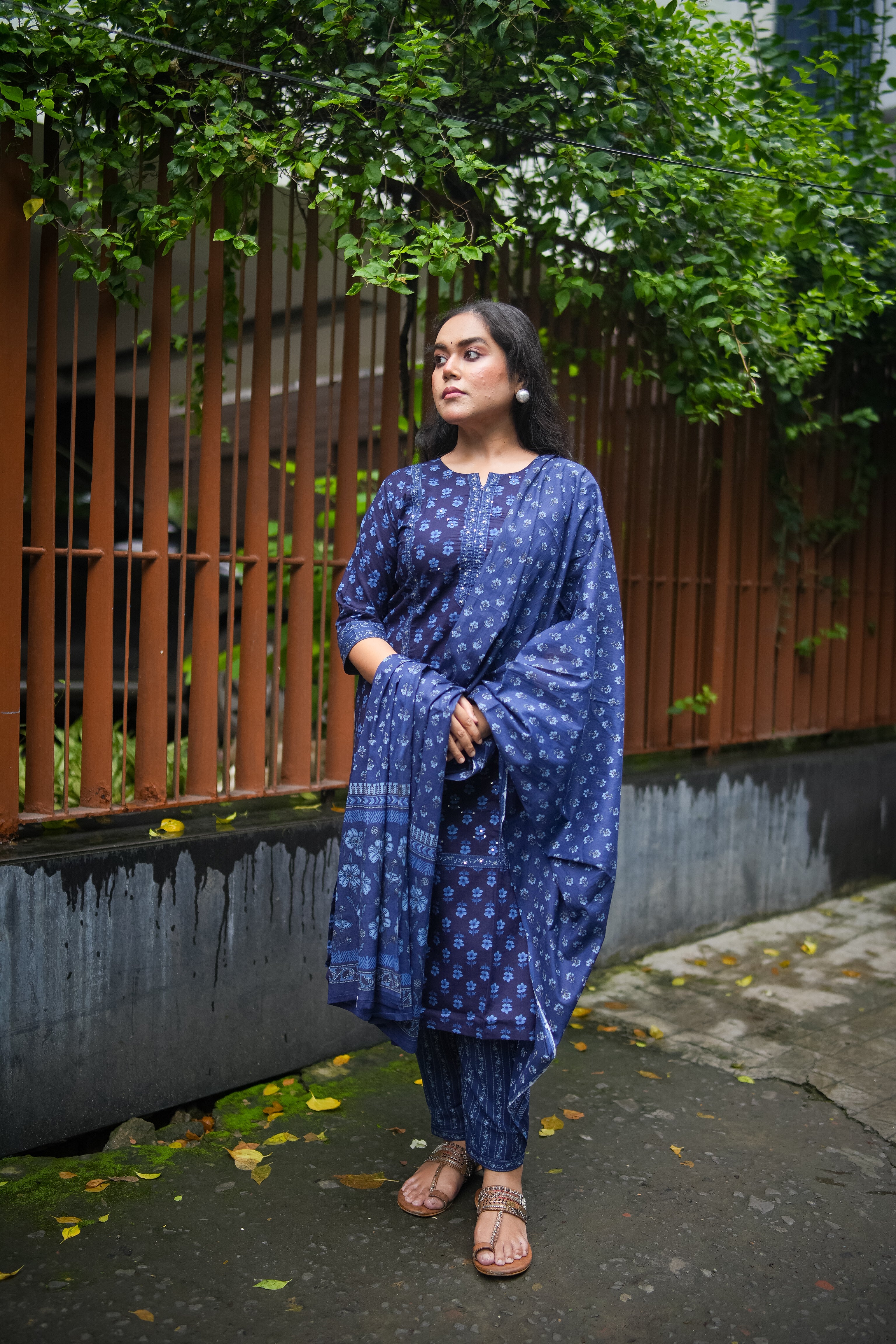 Navy Blue Floral Embroidered Kurta With Pant & Dupatta