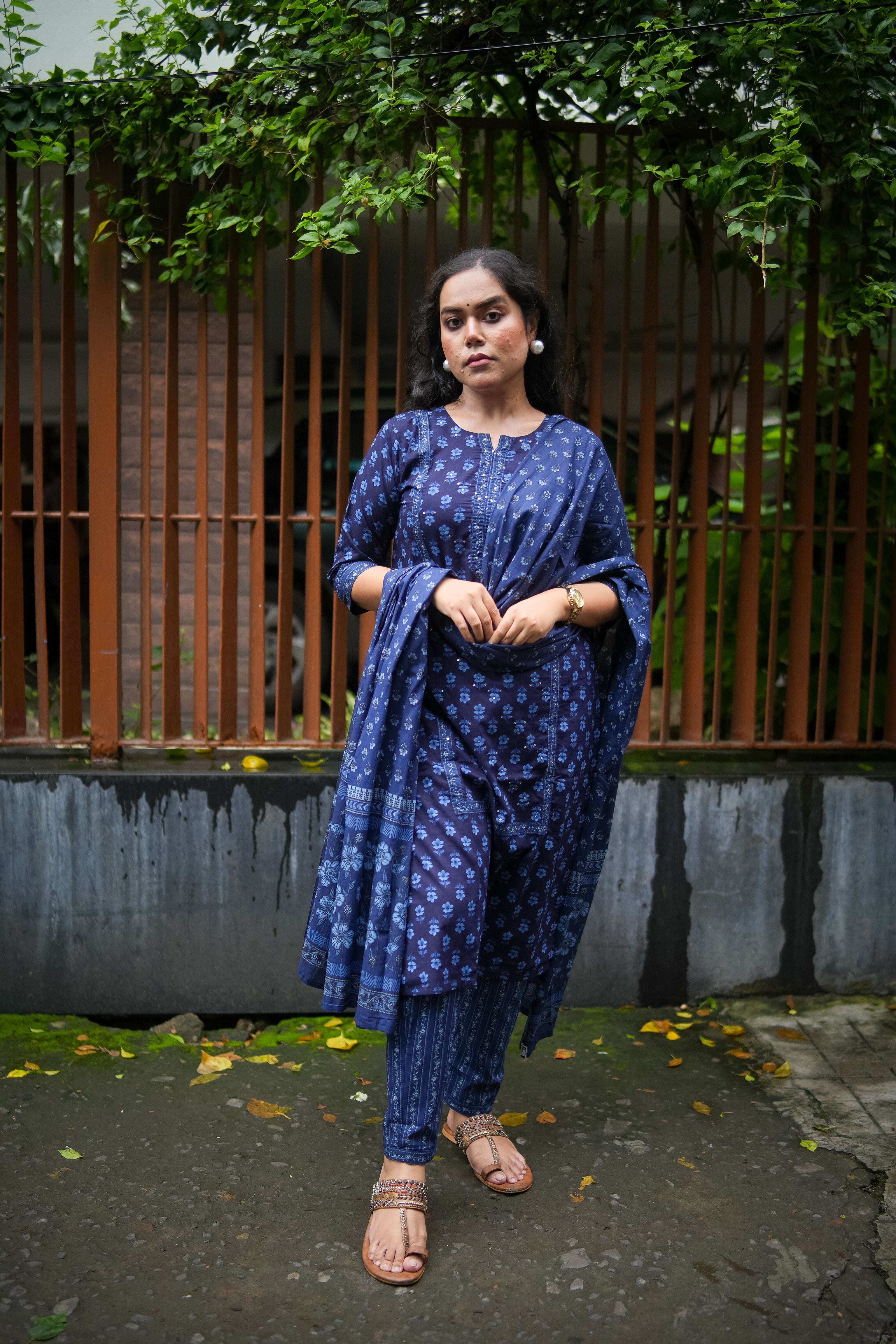 Navy Blue Floral Embroidered Kurta With Pant & Dupatta