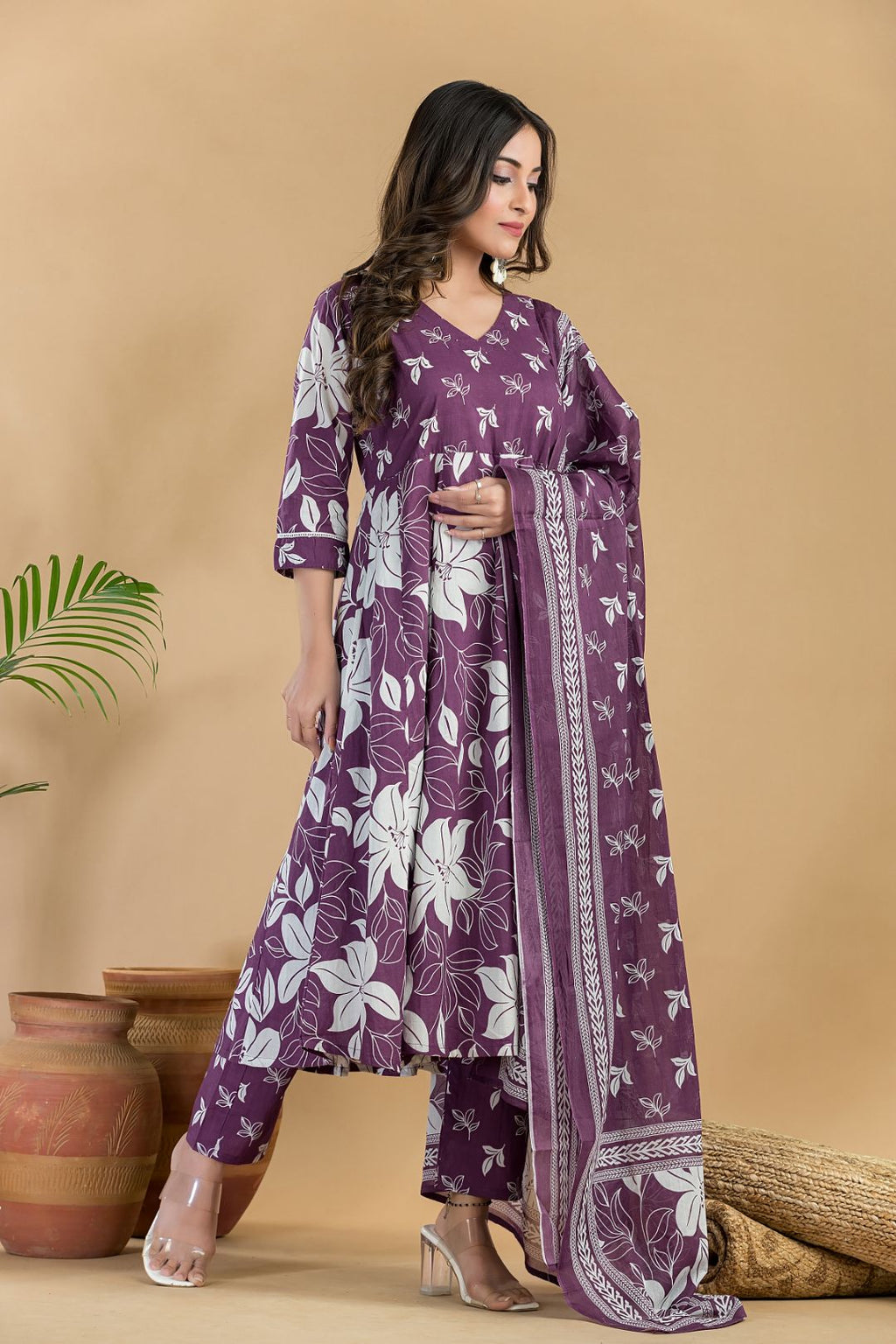 Purple Floral Embroidered Anarkali Kurta With Pant & Dupatta