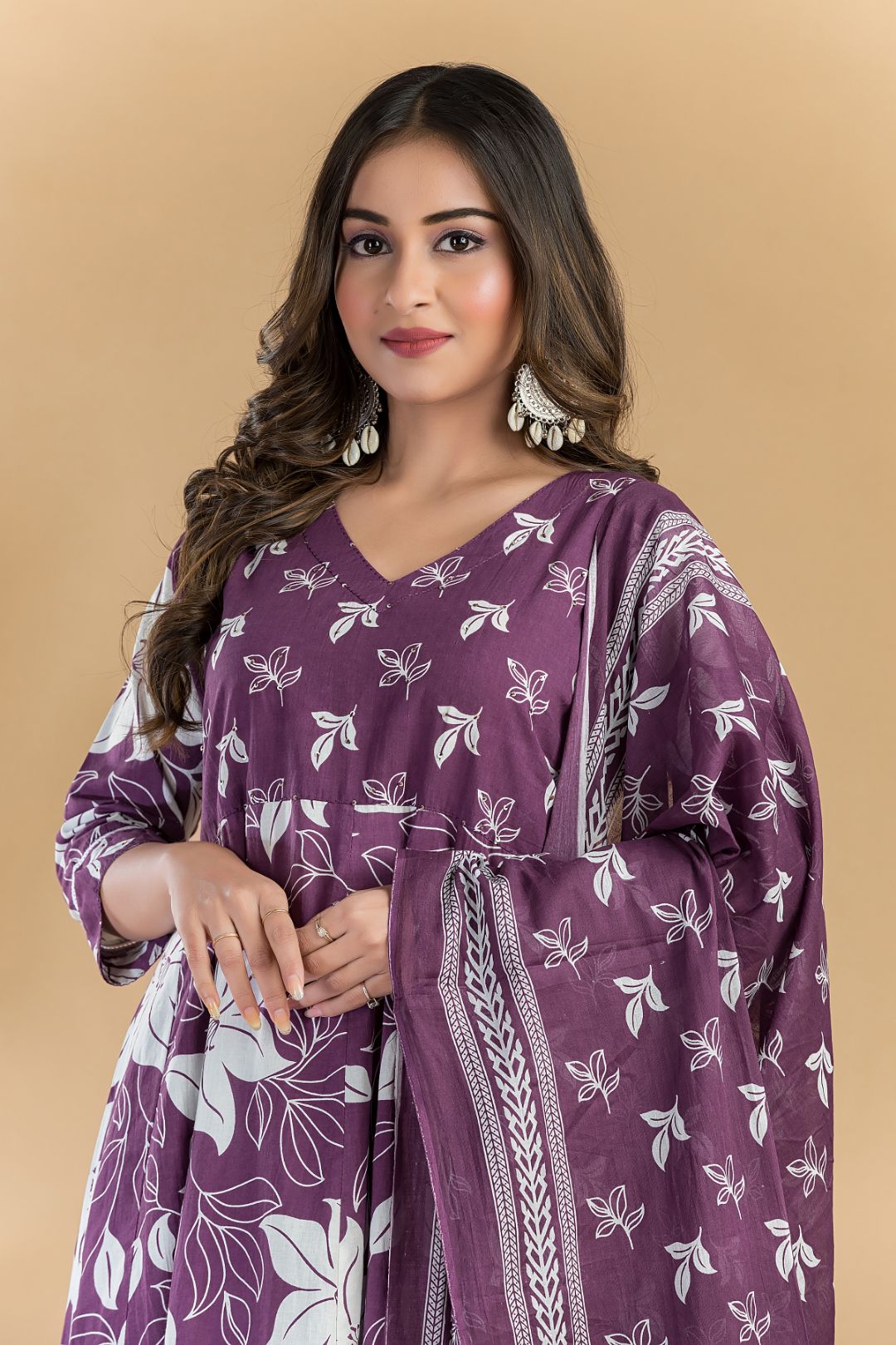 Purple Floral Embroidered Anarkali Kurta With Pant & Dupatta