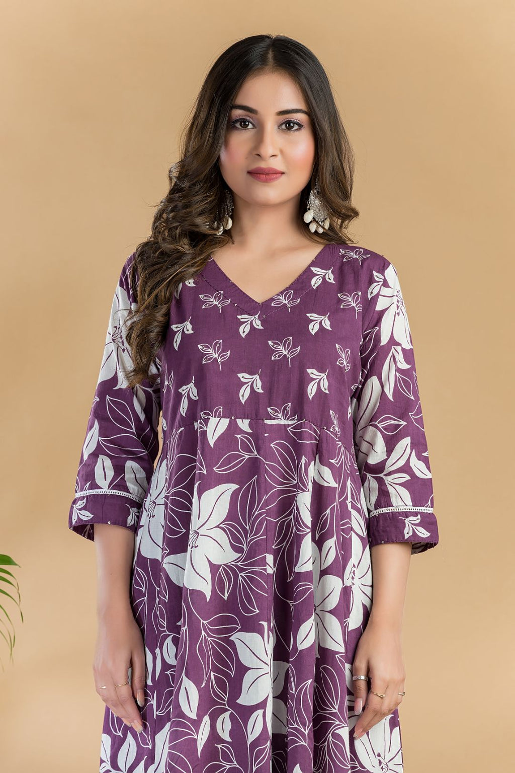 Purple Floral Embroidered Anarkali Kurta With Pant & Dupatta