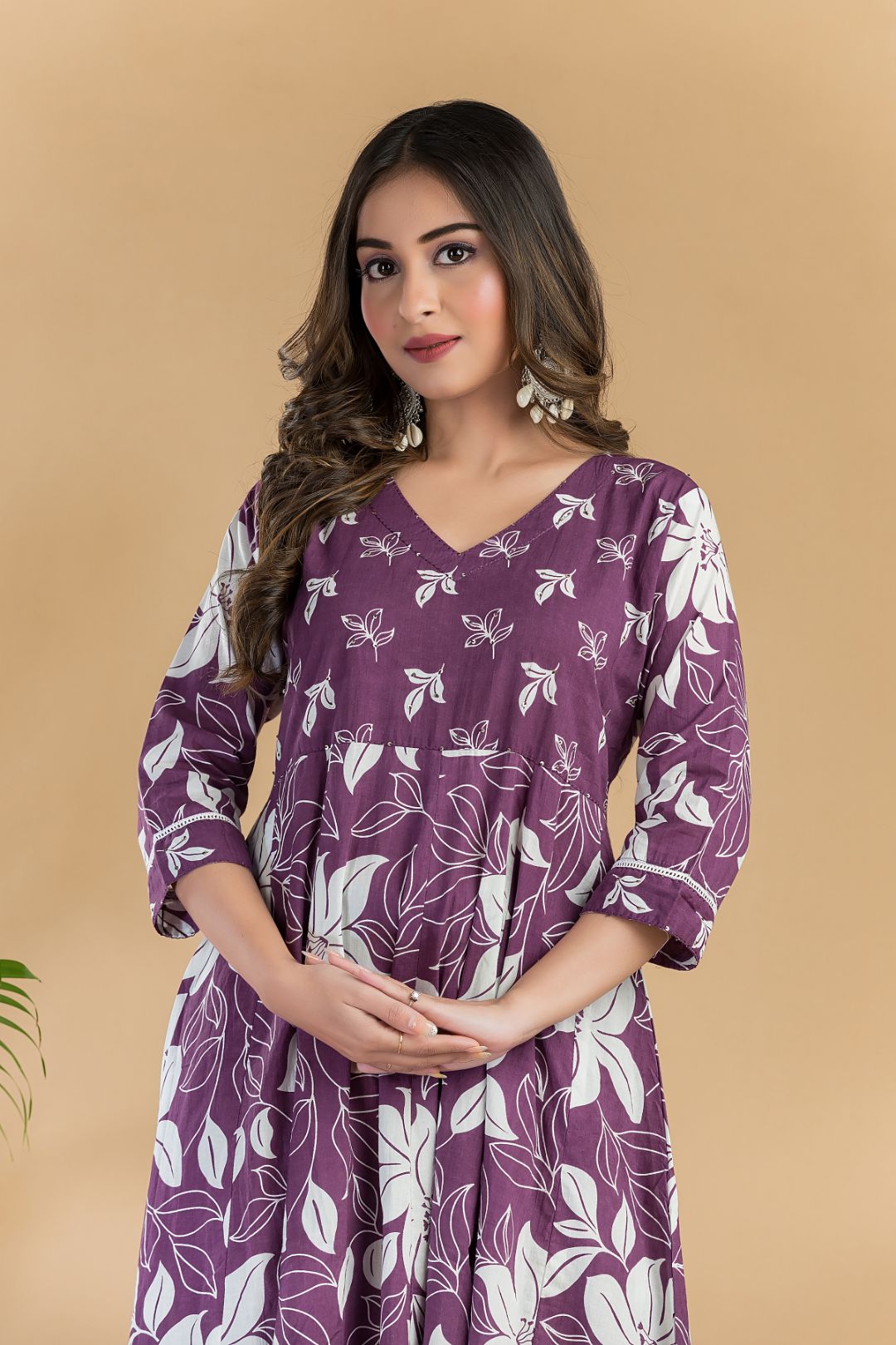 Purple Floral Embroidered Anarkali Kurta With Pant & Dupatta