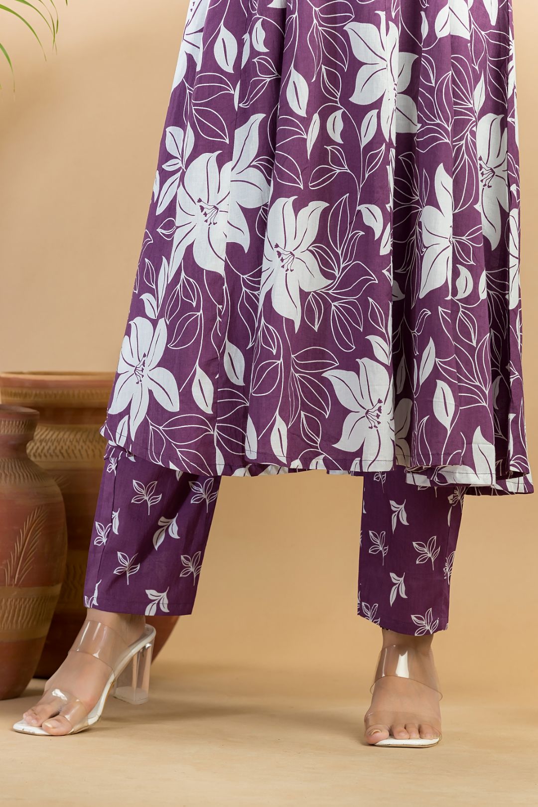 Purple Floral Embroidered Anarkali Kurta With Pant & Dupatta
