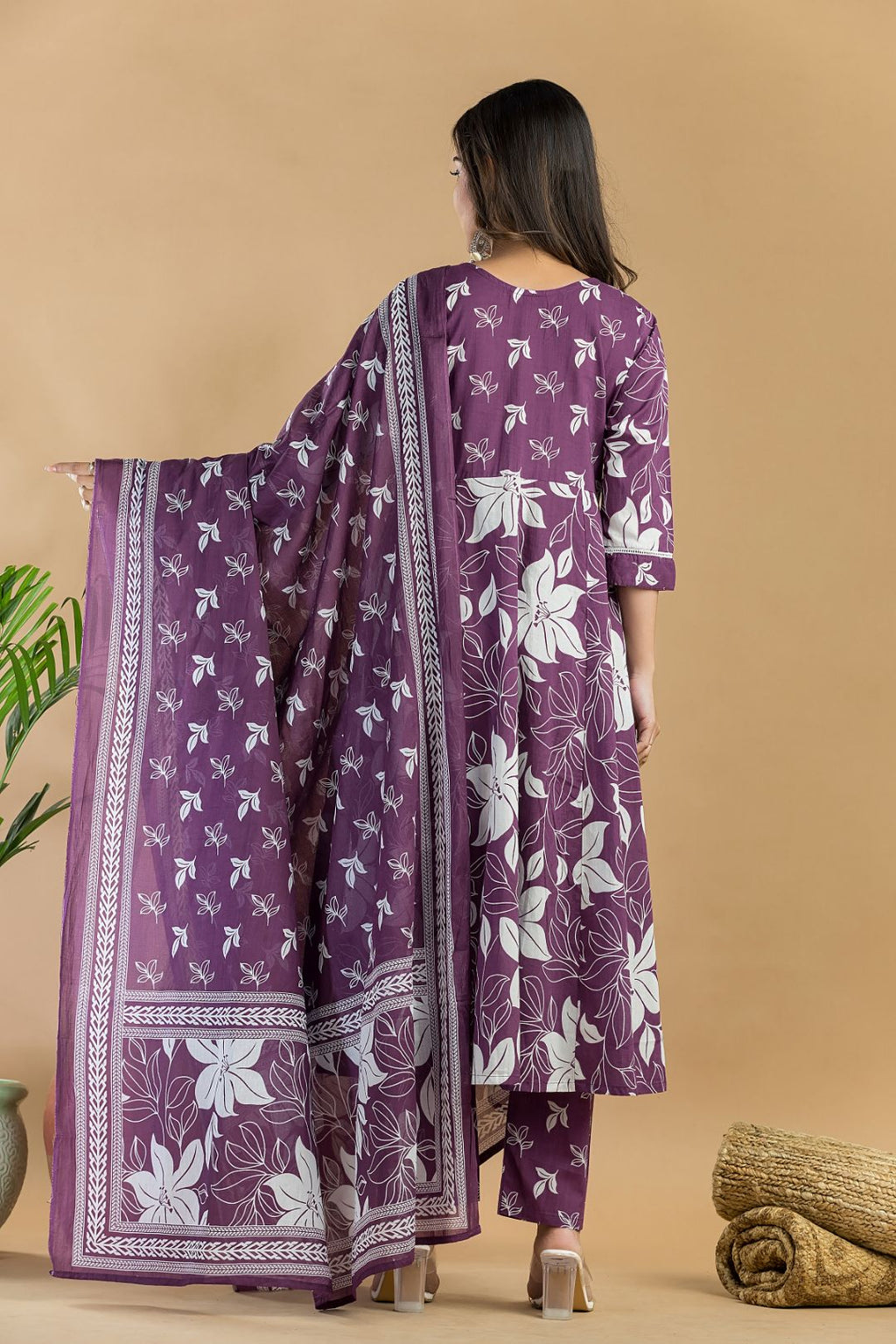 Purple Floral Embroidered Anarkali Kurta With Pant & Dupatta