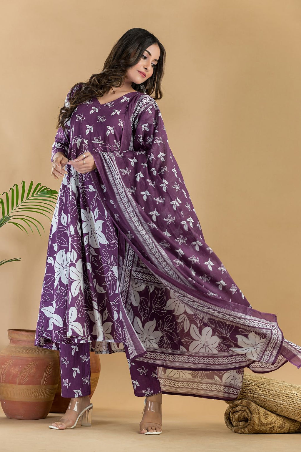Purple Floral Embroidered Anarkali Kurta With Pant & Dupatta