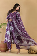 Purple Floral Embroidered Anarkali Kurta With Pant & Dupatta