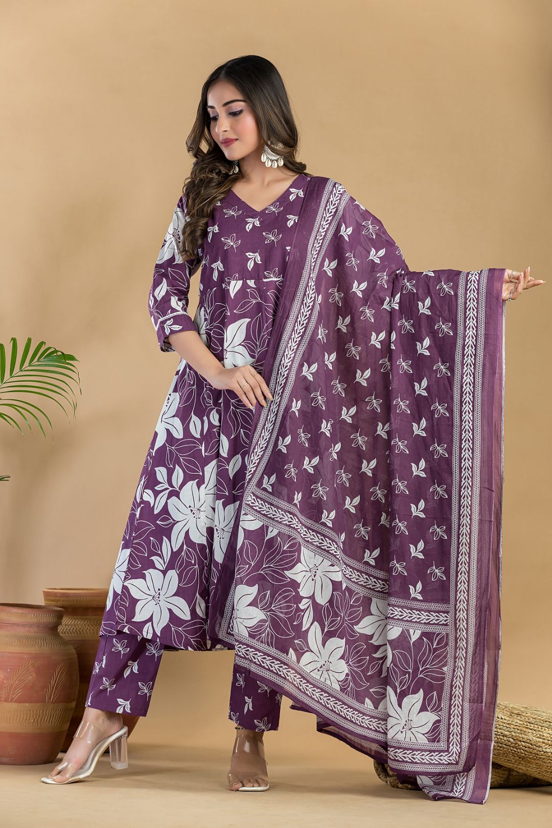 Purple Floral Embroidered Anarkali Kurta With Pant & Dupatta