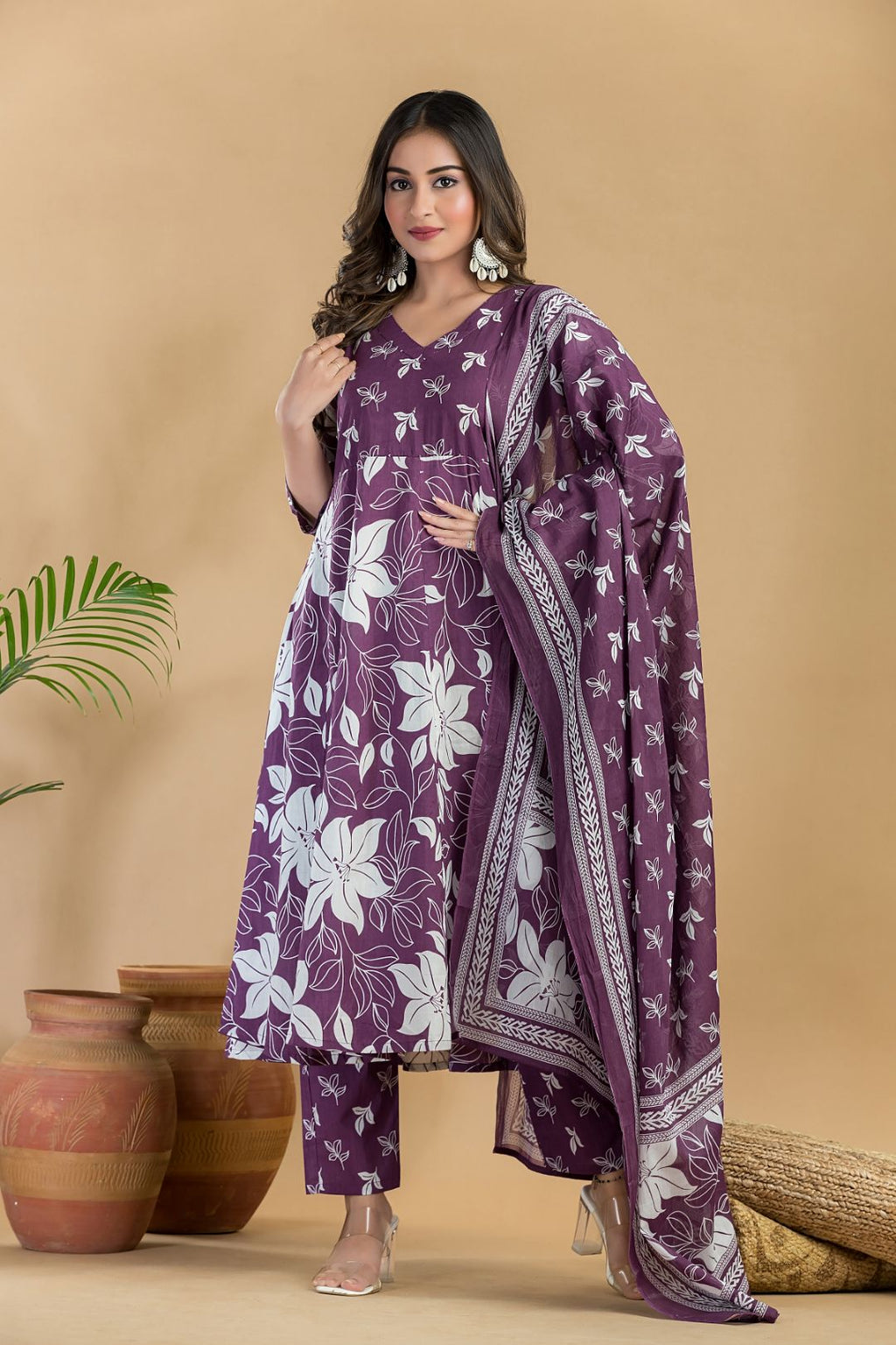 Purple Floral Embroidered Anarkali Kurta With Pant & Dupatta