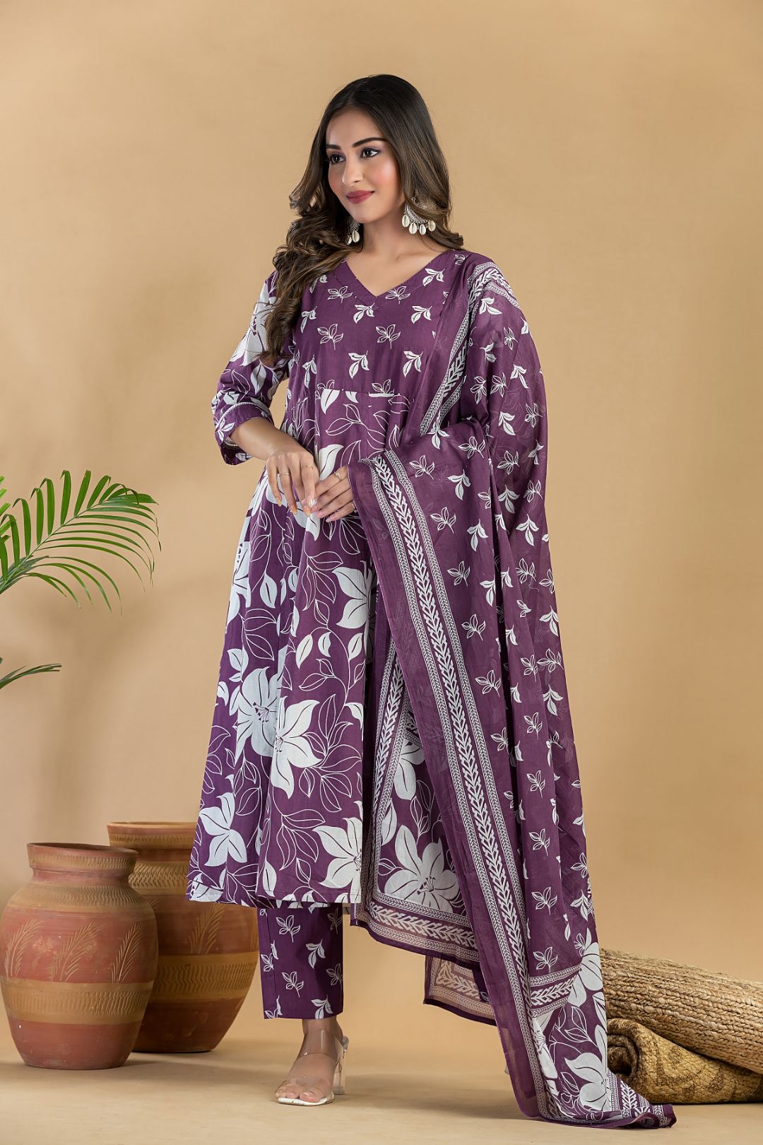 Purple Floral Embroidered Anarkali Kurta With Pant & Dupatta
