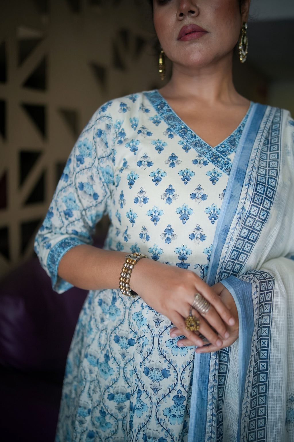 English Blue Floral Embroidered Anarkali Kurta With Pant & Dupatta