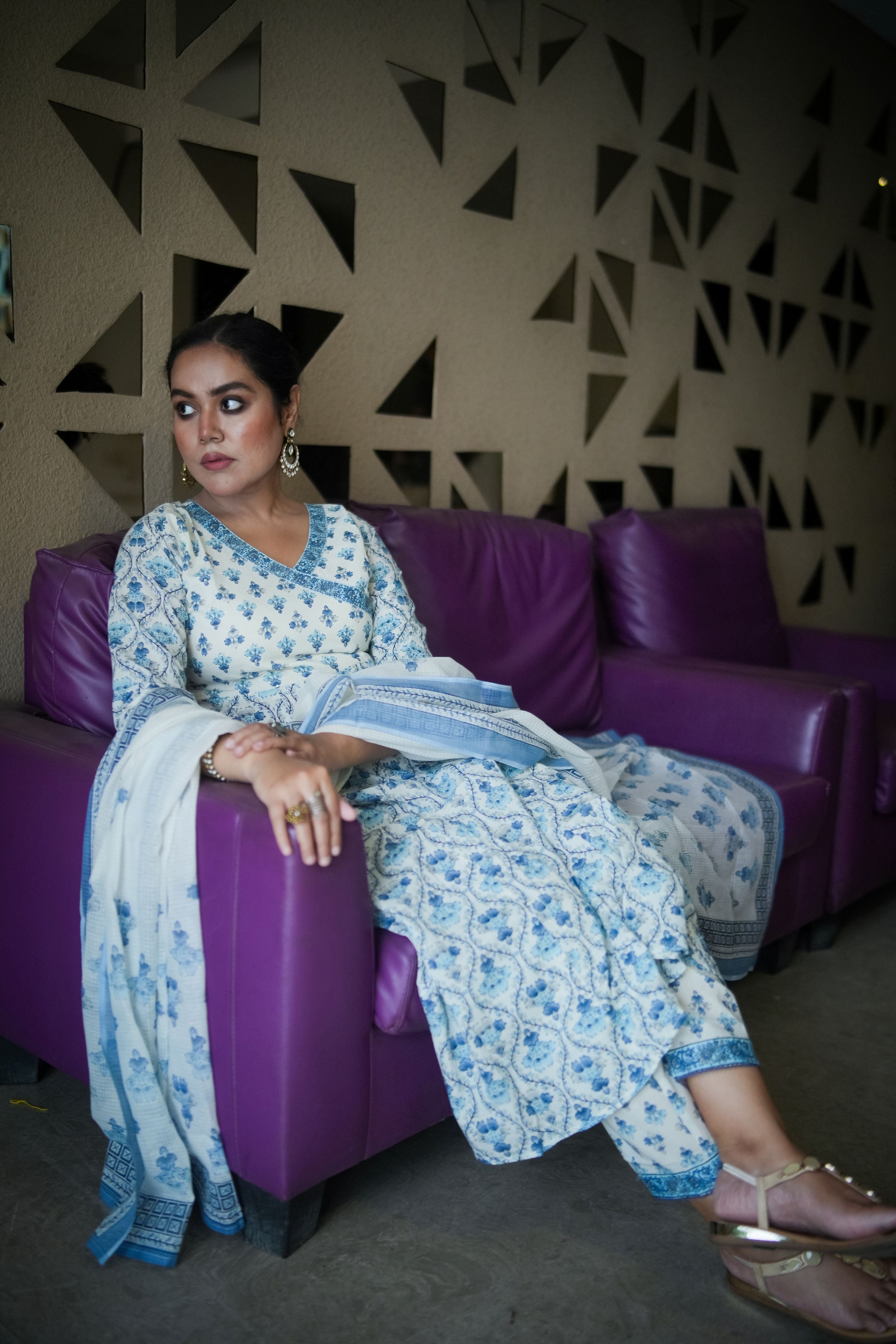 English Blue Floral Embroidered Anarkali Kurta With Pant & Dupatta