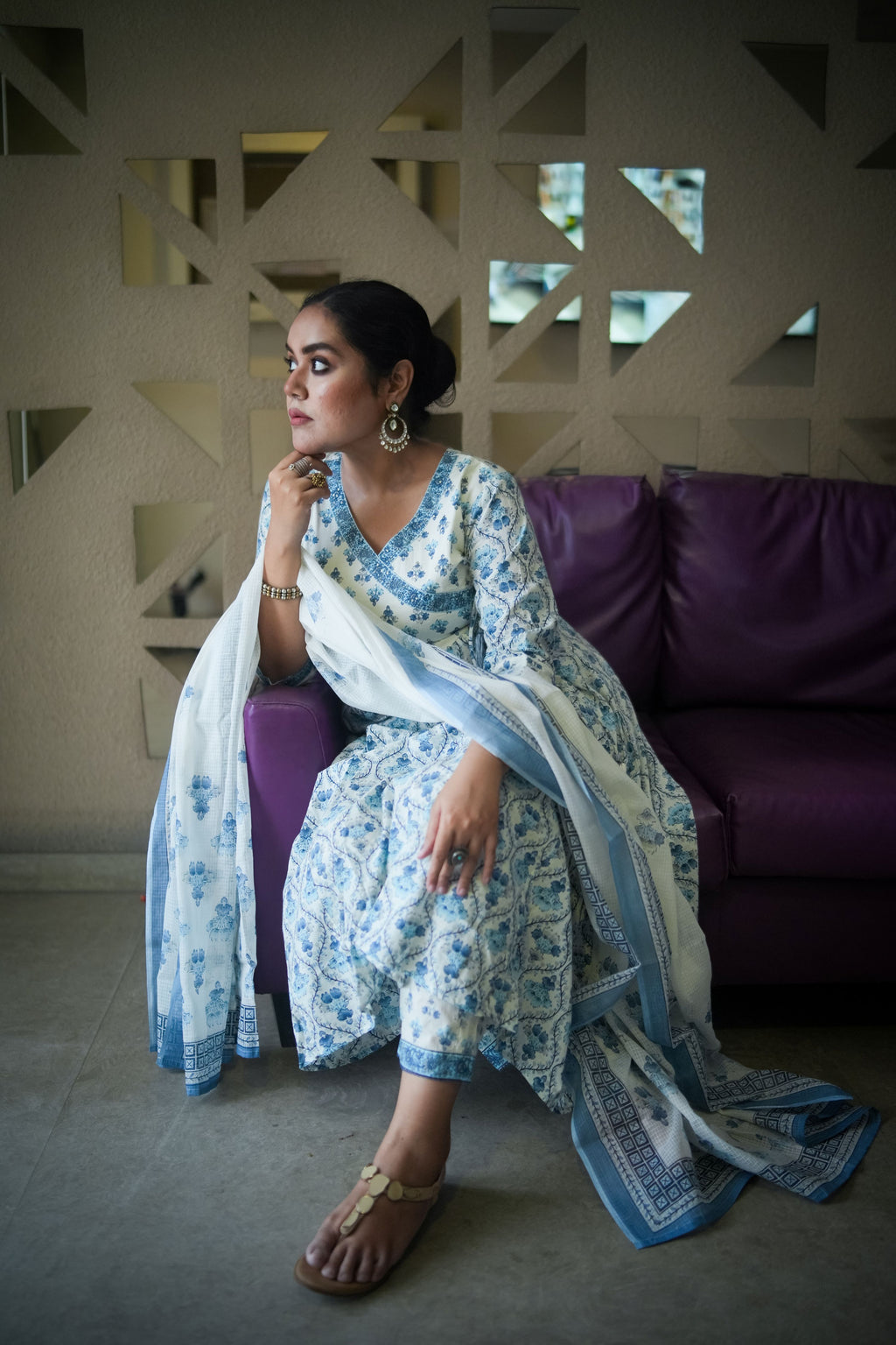 English Blue Floral Embroidered Anarkali Kurta With Pant & Dupatta