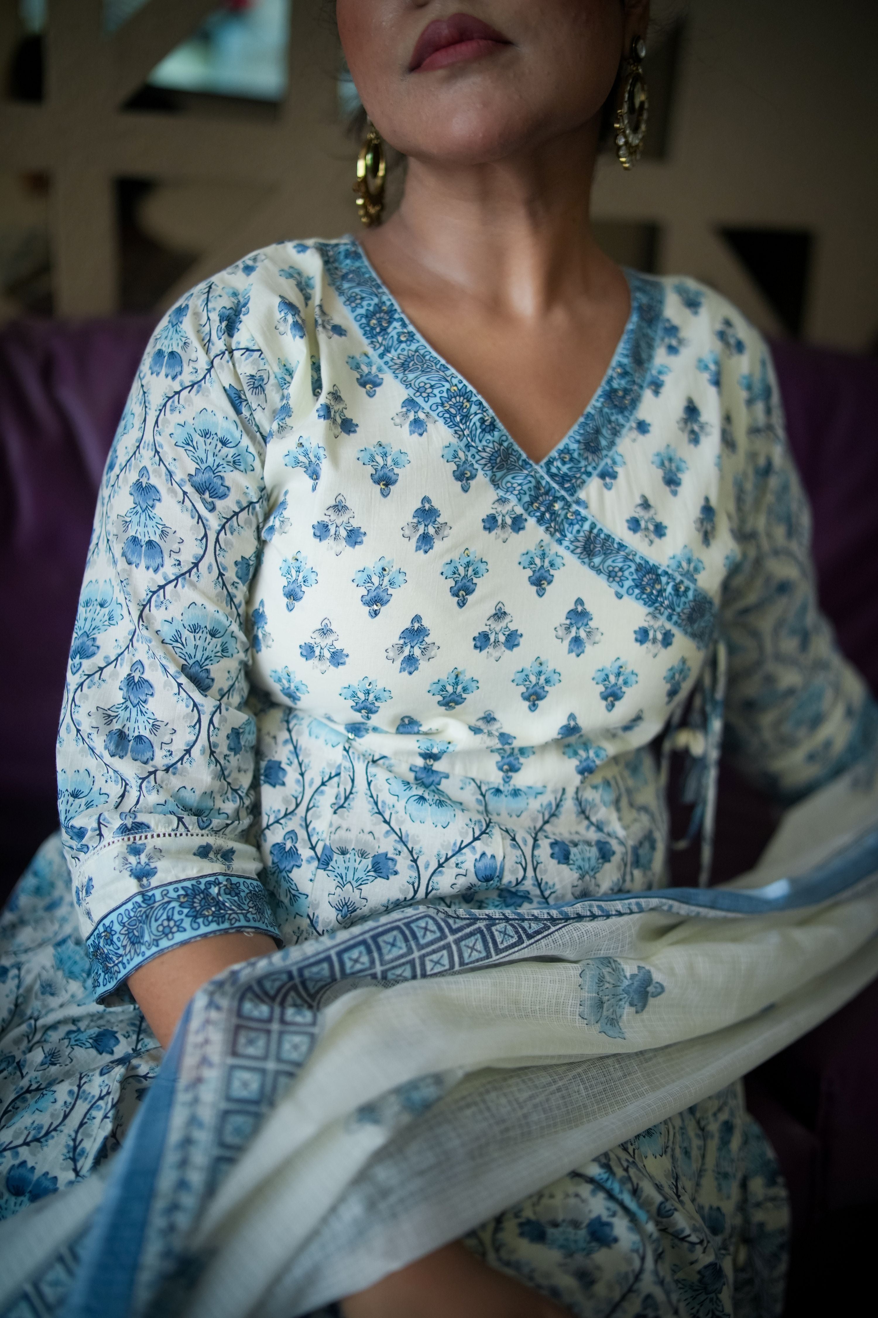 English Blue Floral Embroidered Anarkali Kurta With Pant & Dupatta