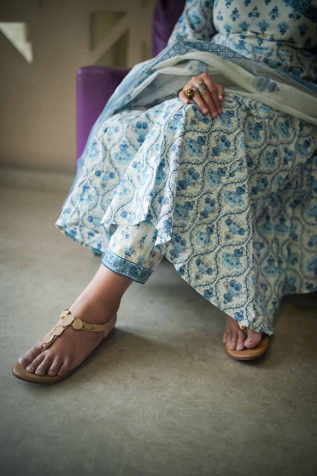 English Blue Floral Embroidered Anarkali Kurta With Pant & Dupatta