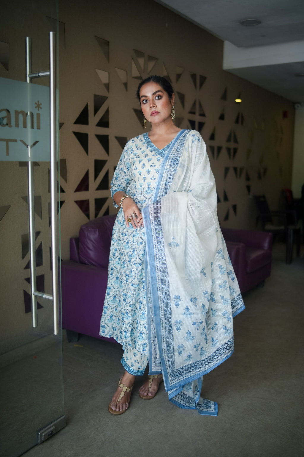English Blue Floral Embroidered Anarkali Kurta With Pant & Dupatta