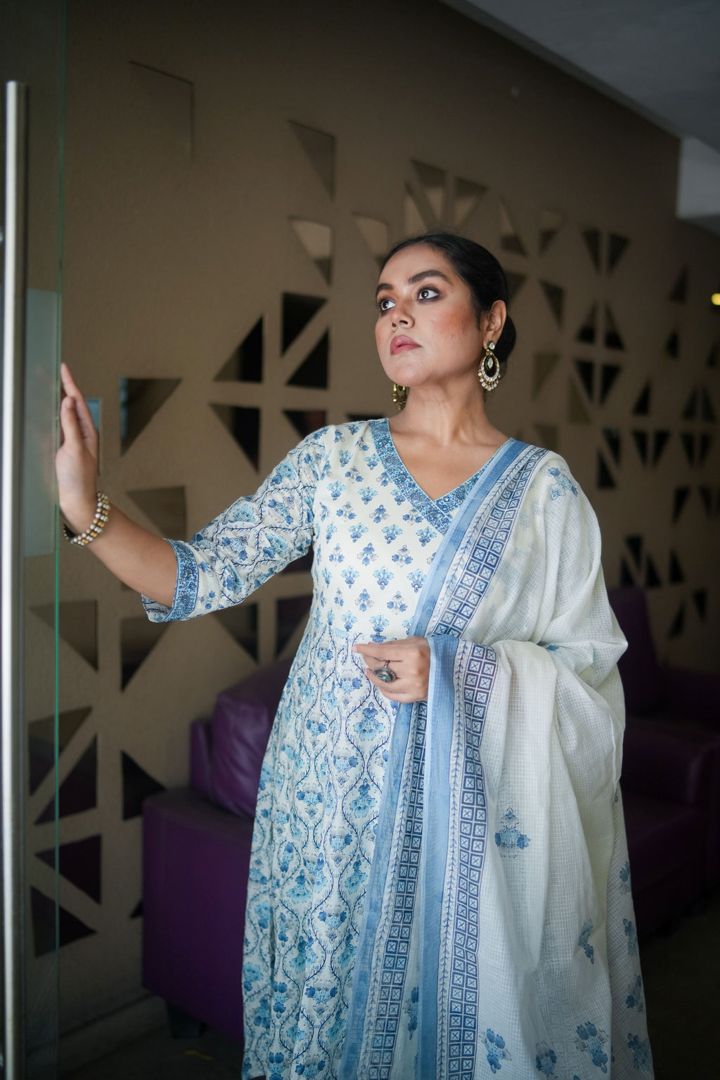 English Blue Floral Embroidered Anarkali Kurta With Pant & Dupatta