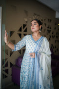 English Blue Floral Embroidered Anarkali Kurta With Pant & Dupatta