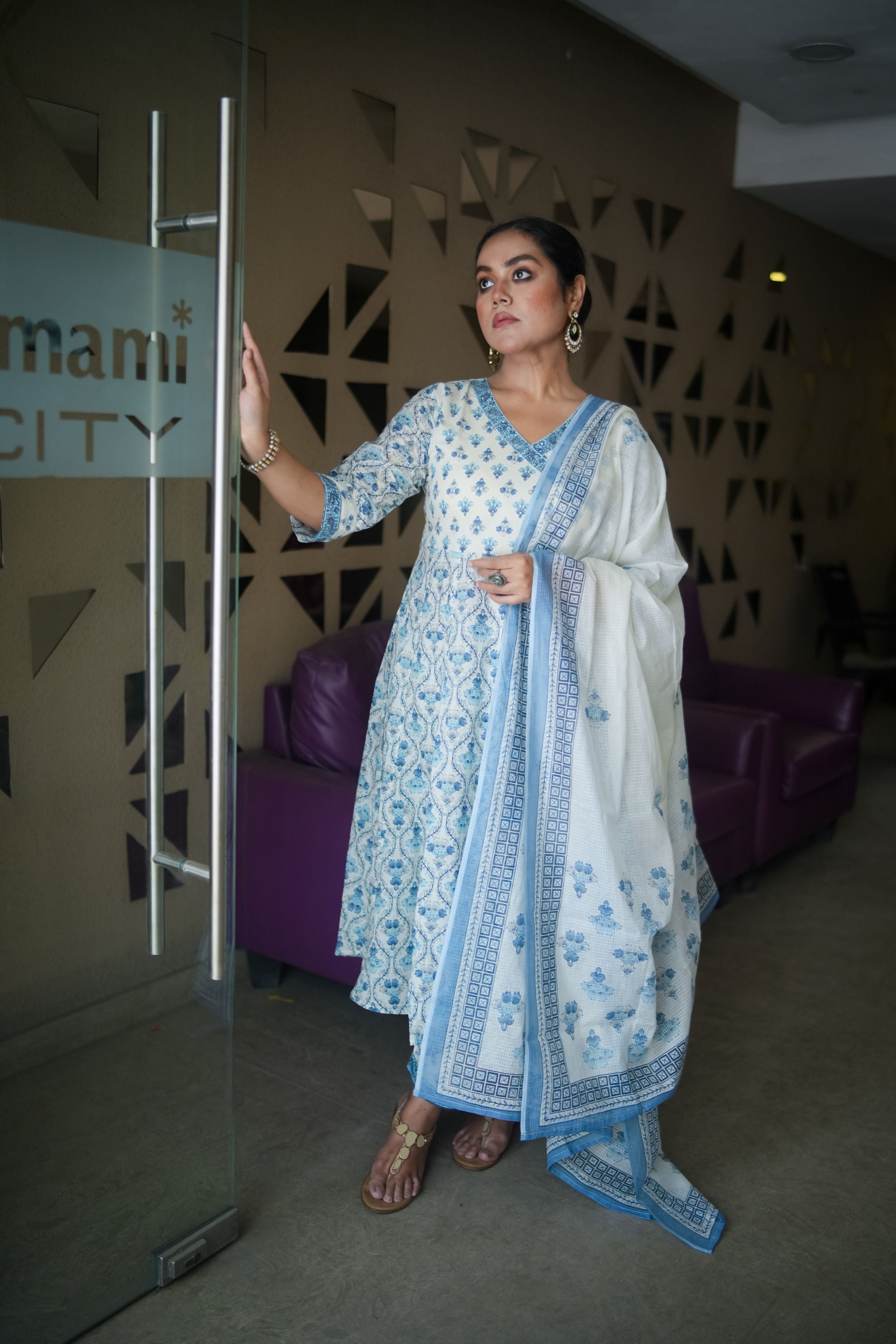 English Blue Floral Embroidered Anarkali Kurta With Pant & Dupatta