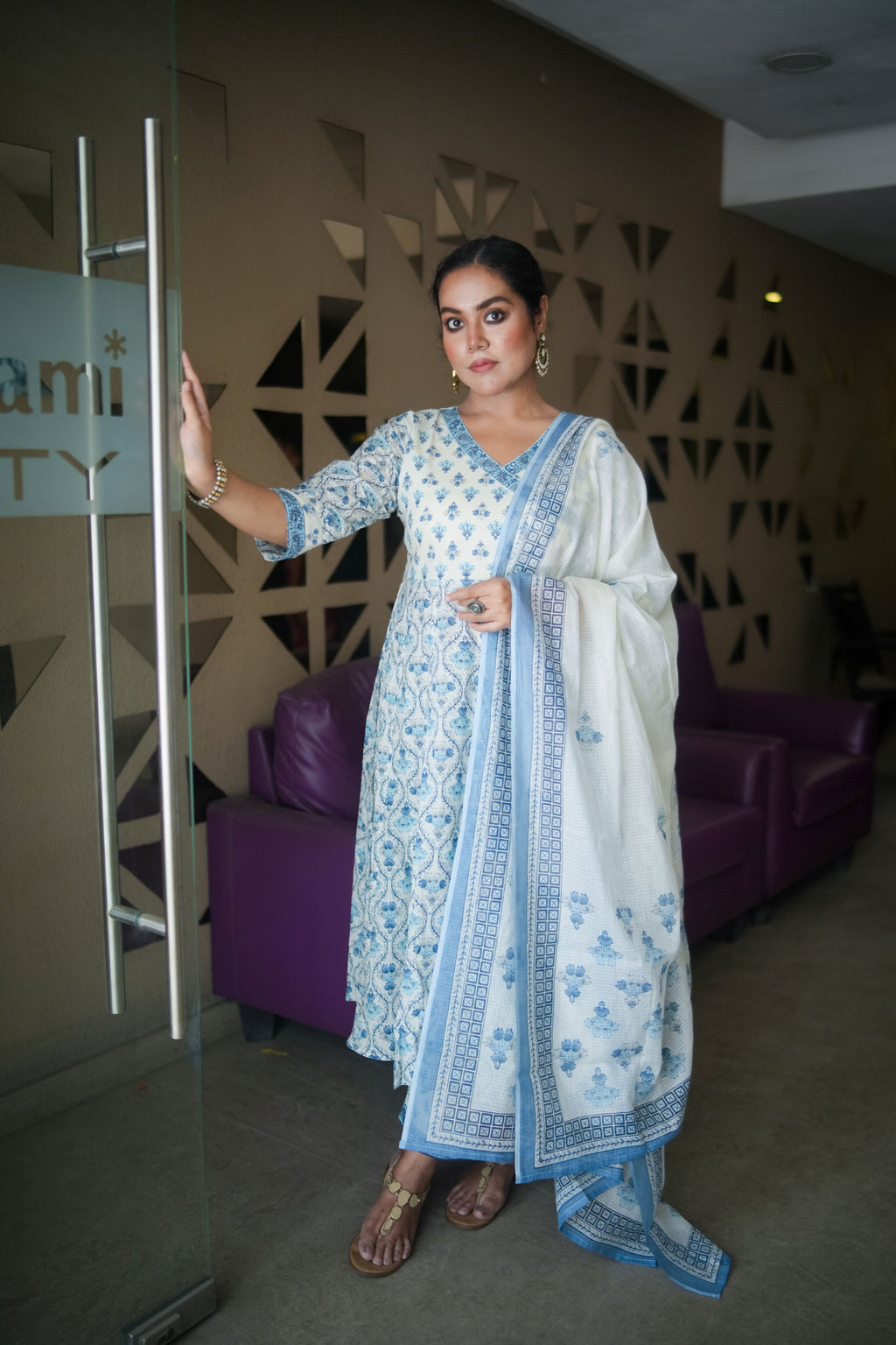 English Blue Floral Embroidered Anarkali Kurta With Pant & Dupatta