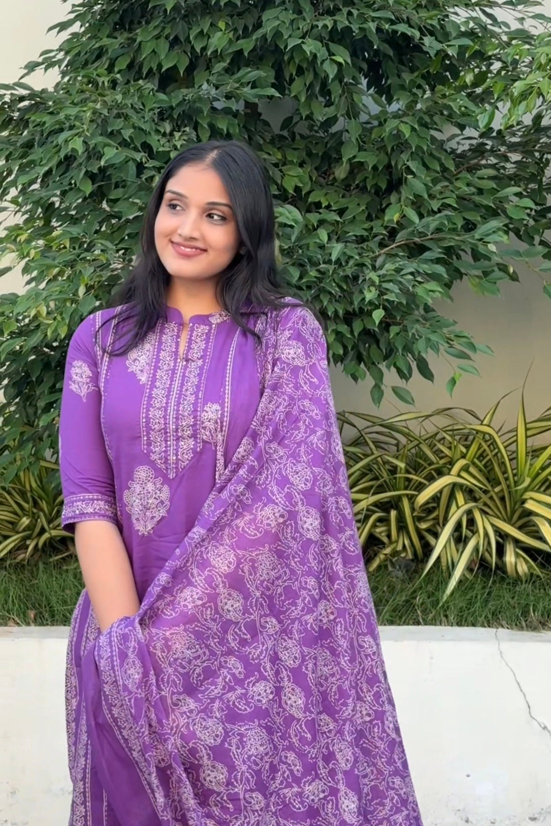 Purple Mix-Match Floral Embroidered Kurta With Pant & Dupatta