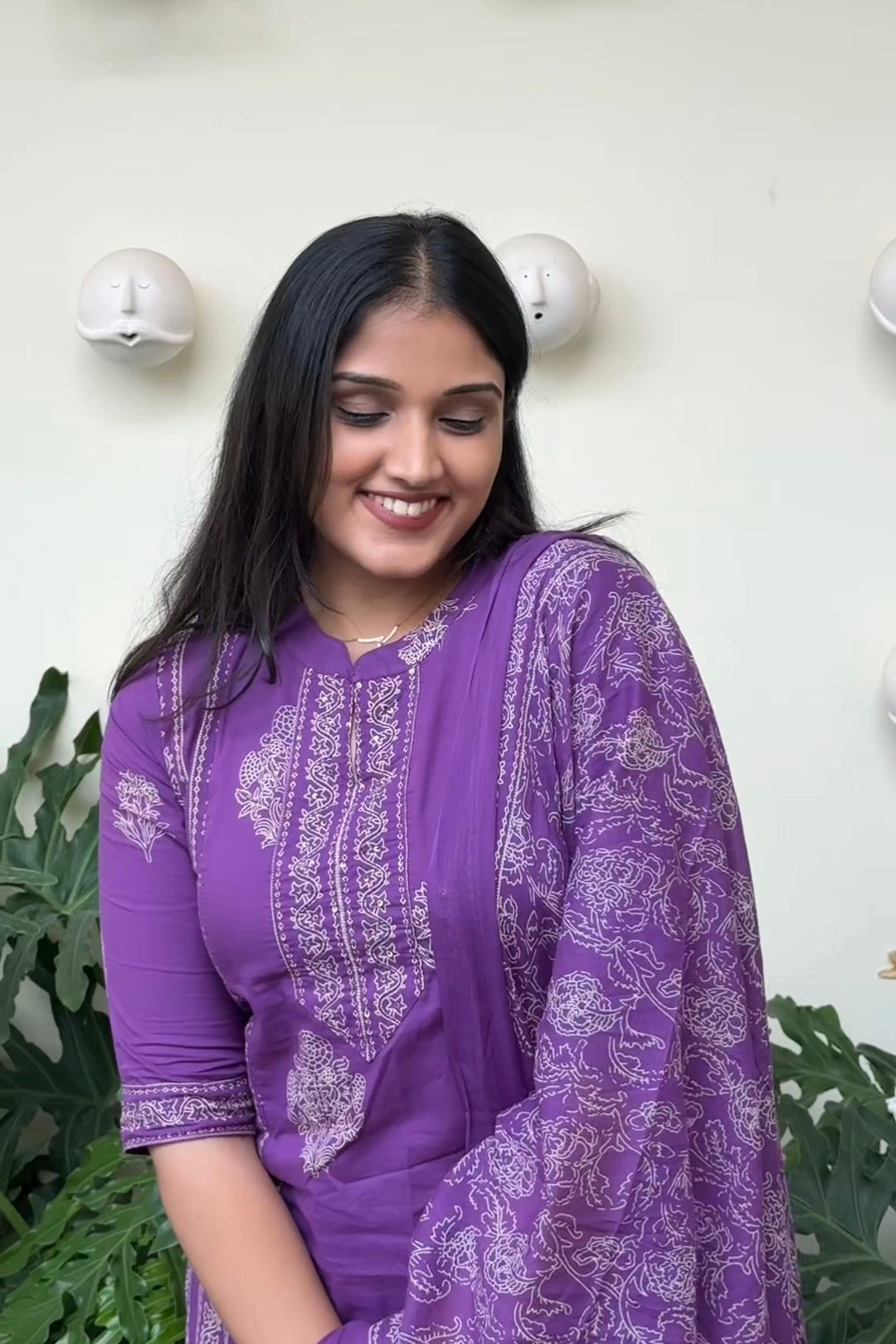 Purple Mix-Match Floral Embroidered Kurta With Pant & Dupatta