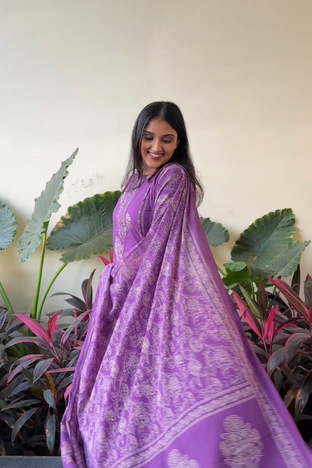 Purple Mix-Match Floral Embroidered Kurta With Pant & Dupatta