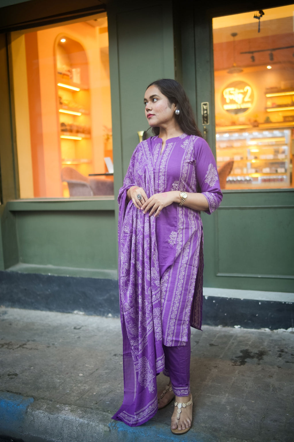 Purple Mix-Match Floral Embroidered Kurta With Pant & Dupatta