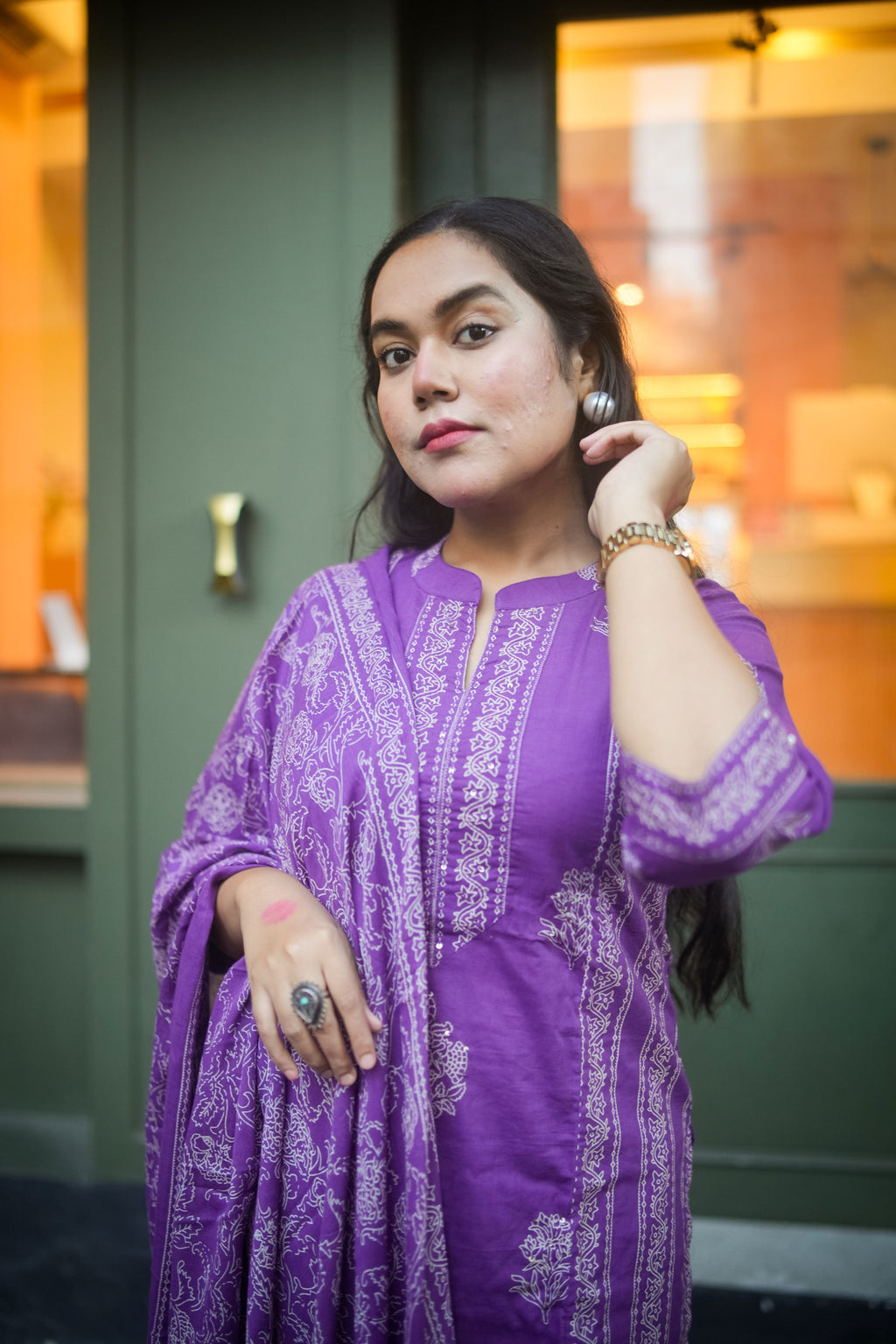 Purple Mix-Match Floral Embroidered Kurta With Pant & Dupatta