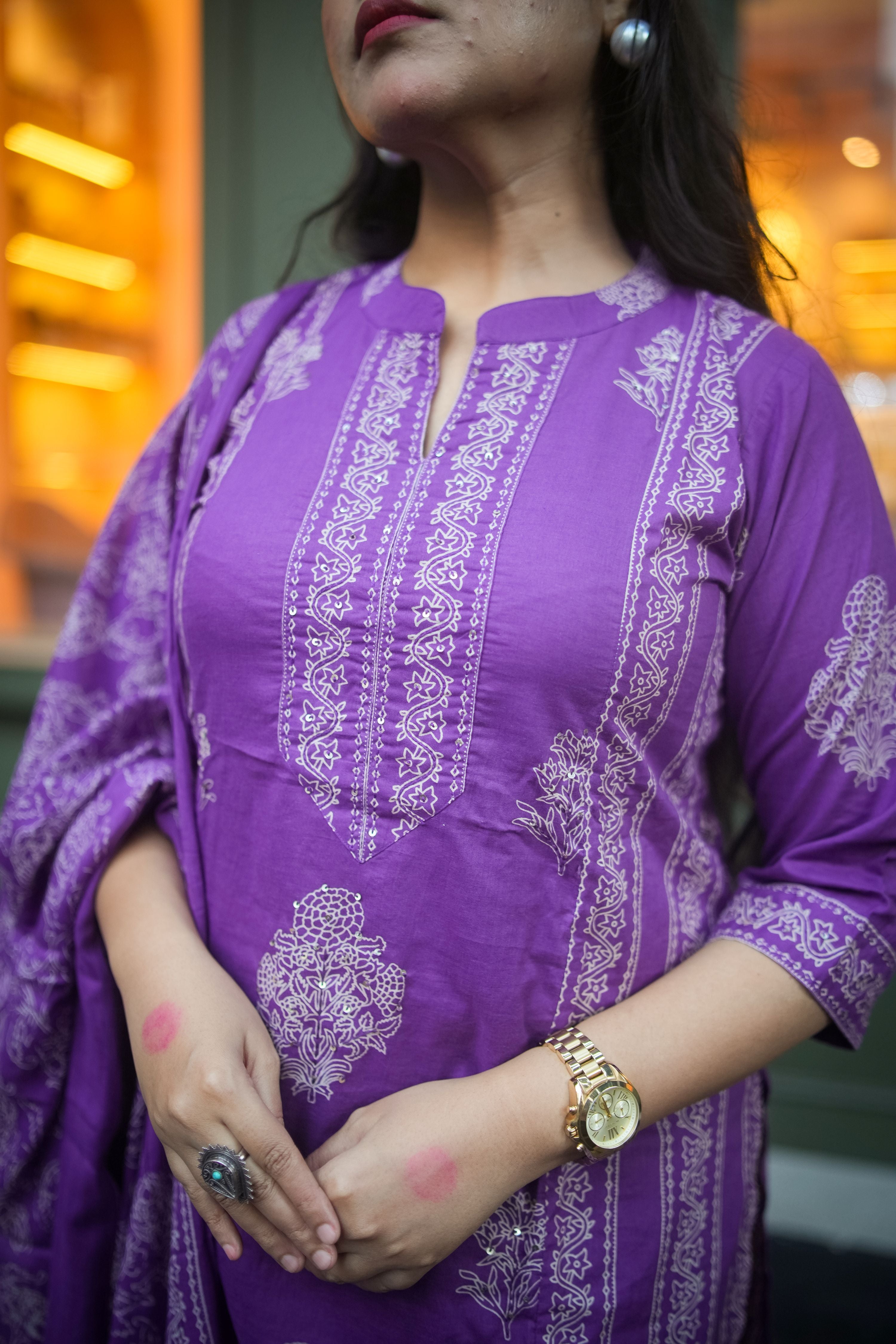 Purple Mix-Match Floral Embroidered Kurta With Pant & Dupatta
