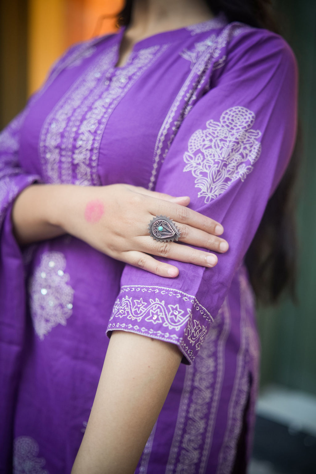 Purple Mix-Match Floral Embroidered Kurta With Pant & Dupatta