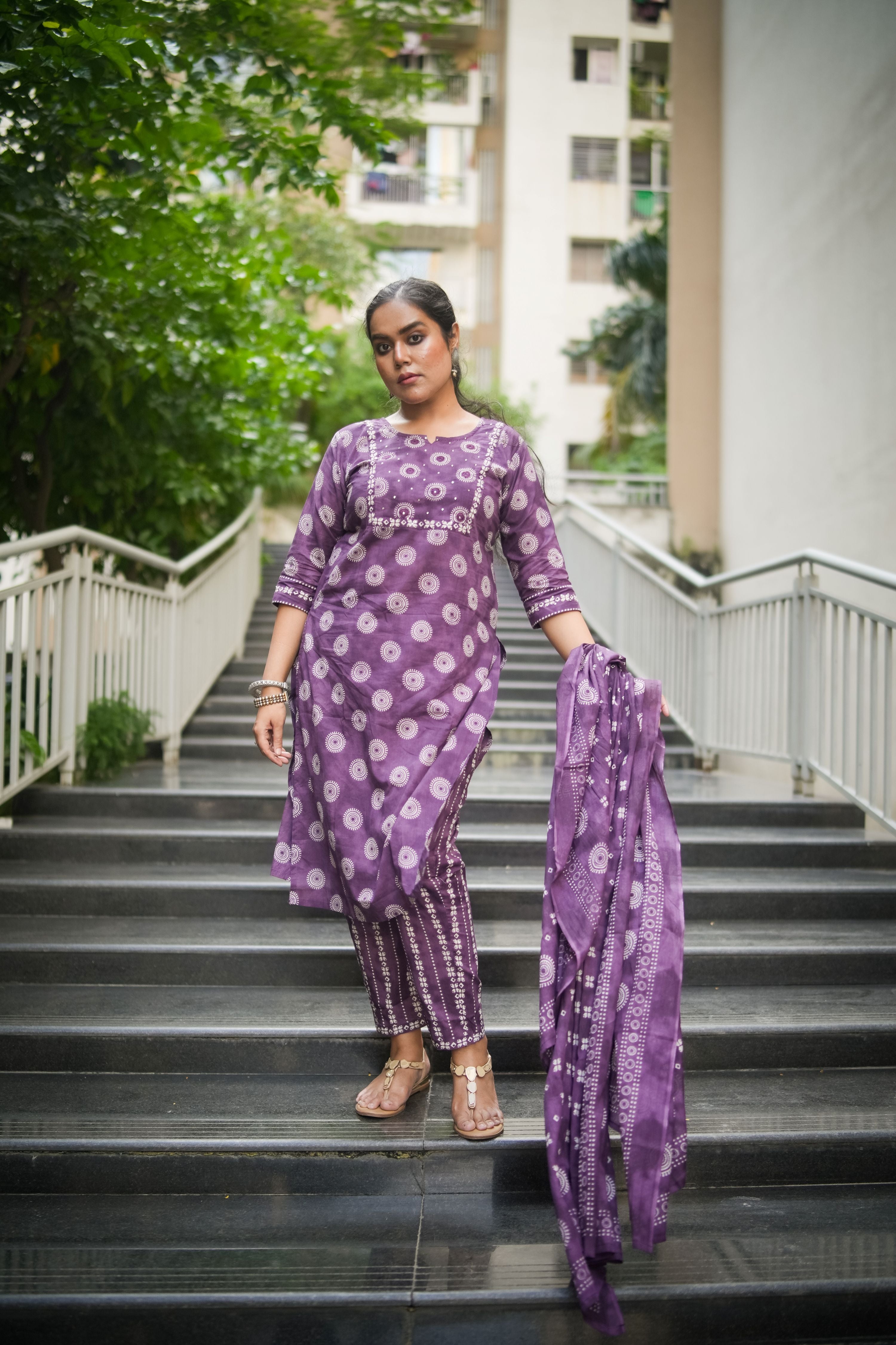 Purple Geometric Embroidered Kurta With Pant & Dupatta