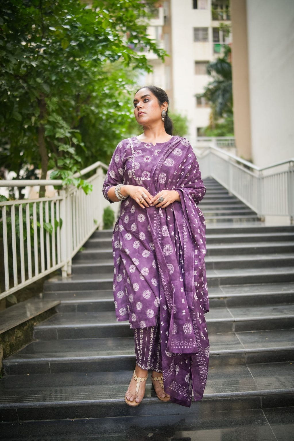 Purple Geometric Embroidered Kurta With Pant & Dupatta