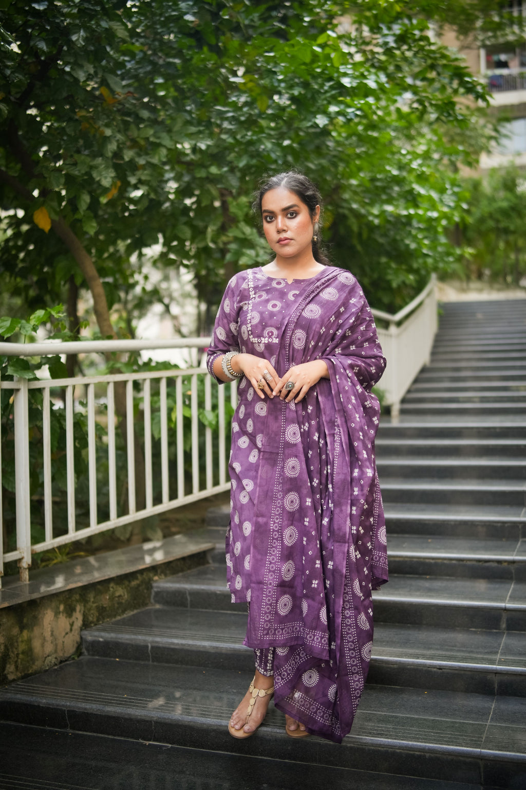 Purple Geometric Embroidered Kurta With Pant & Dupatta