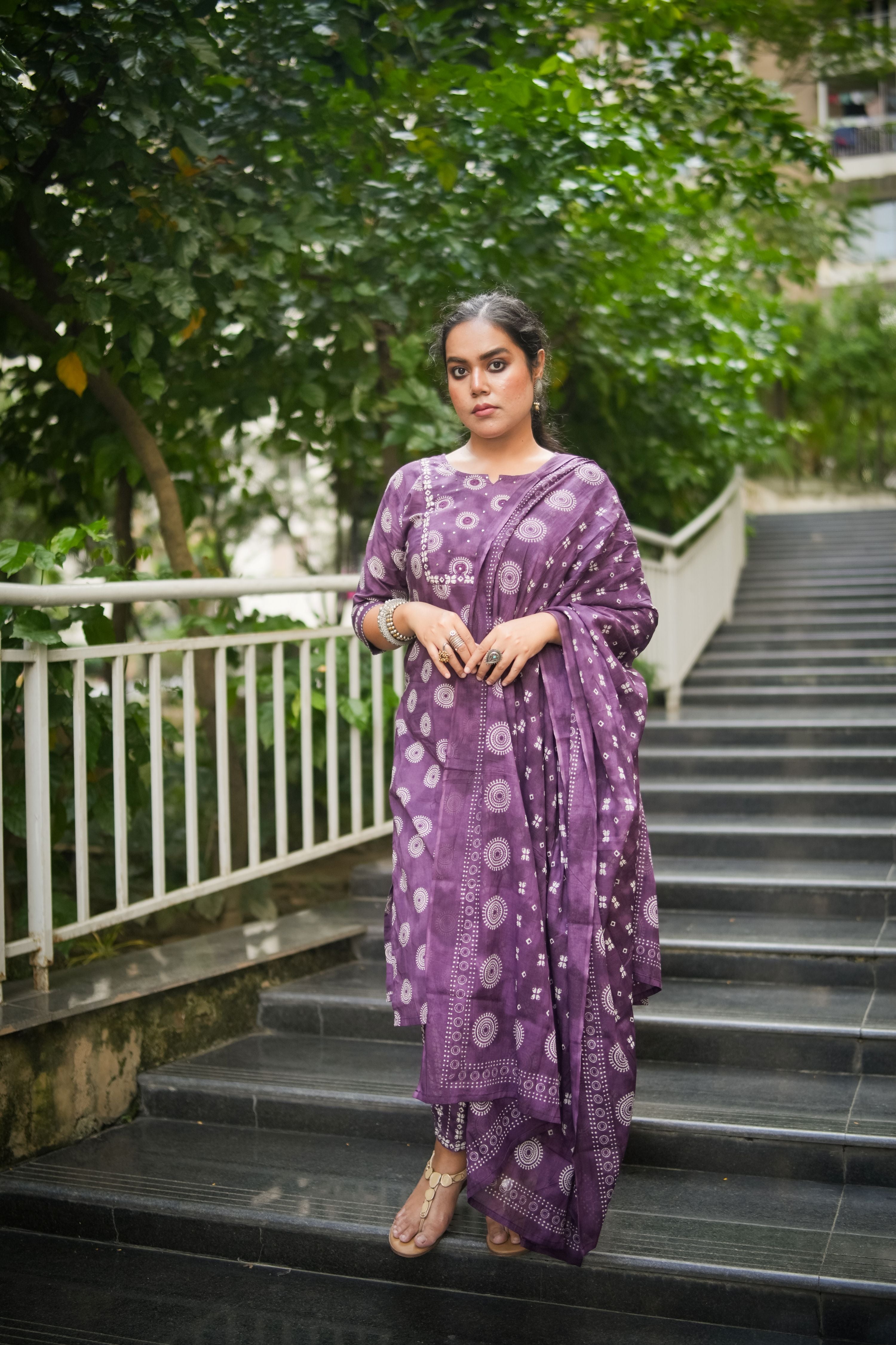 Purple Geometric Embroidered Kurta With Pant & Dupatta