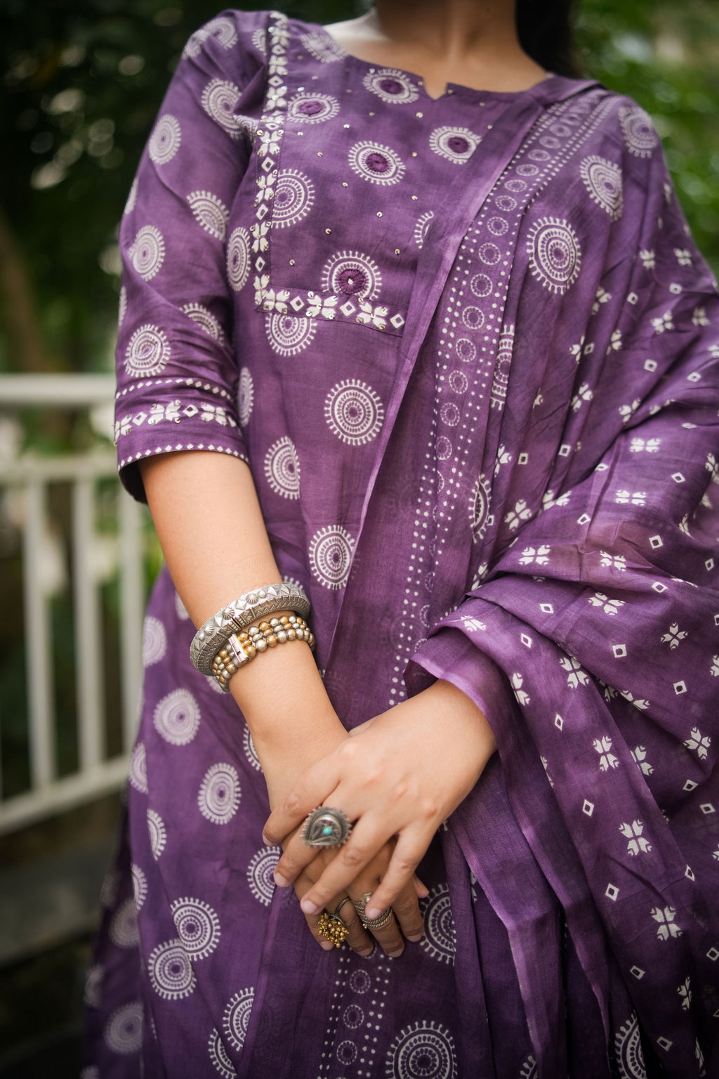 Purple Geometric Embroidered Kurta With Pant & Dupatta