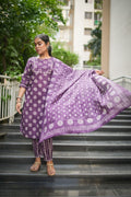 Purple Geometric Embroidered Kurta With Pant & Dupatta
