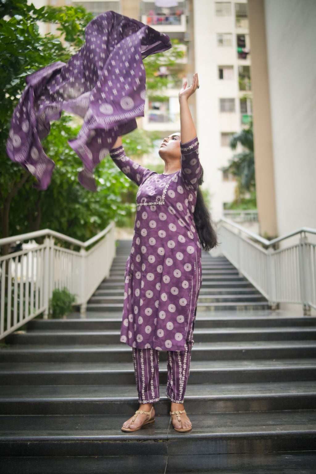 Purple Geometric Embroidered Kurta With Pant & Dupatta