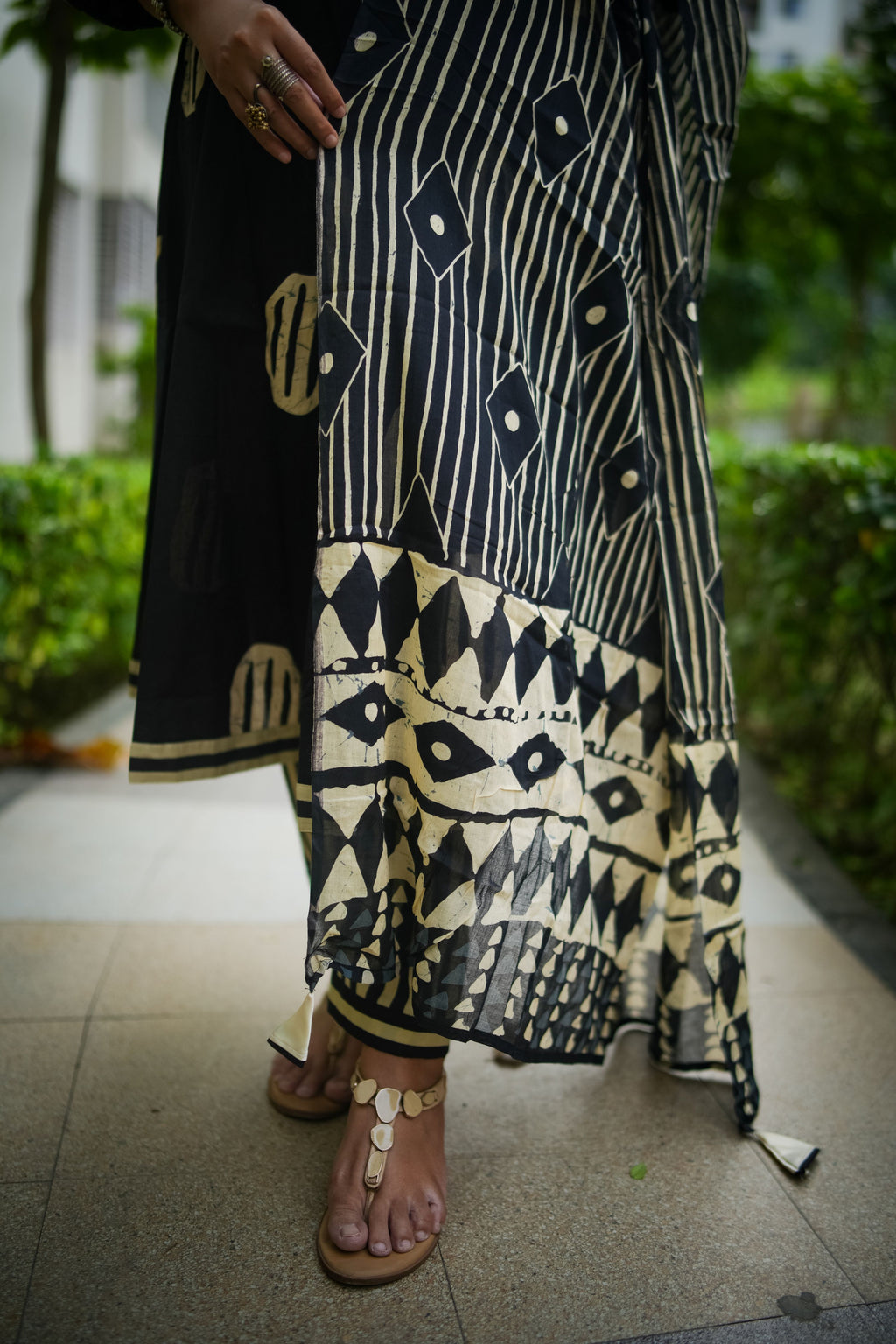 Black & Beige Geometric Embroidered Anarkali kurta With Pant & Dupatta