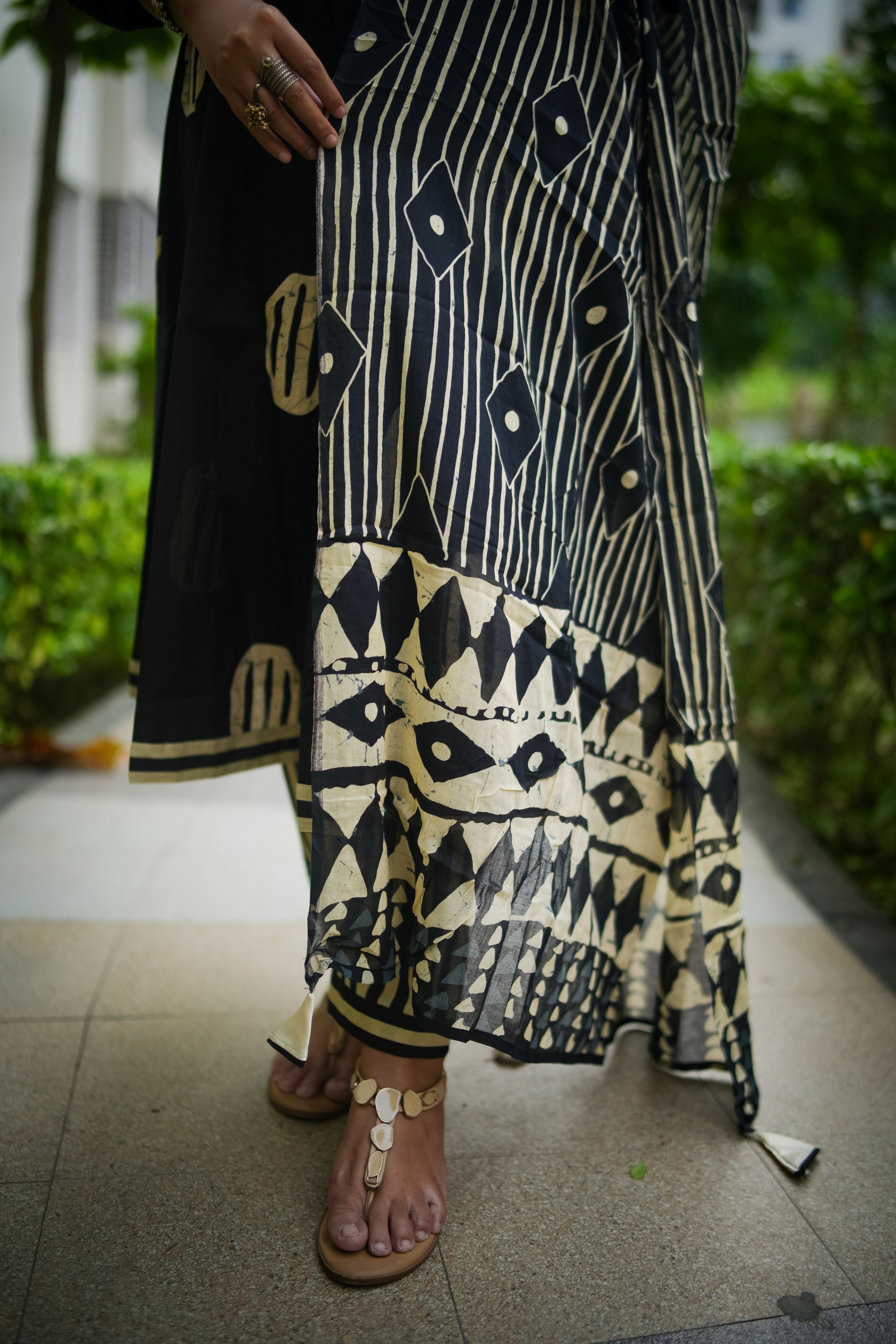 Black & Beige Geometric Embroidered Anarkali kurta With Pant & Dupatta
