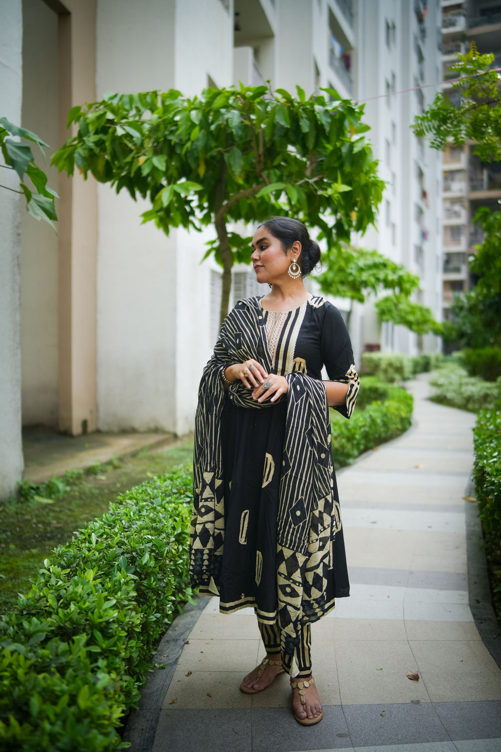 Black & Beige Geometric Embroidered Anarkali kurta With Pant & Dupatta