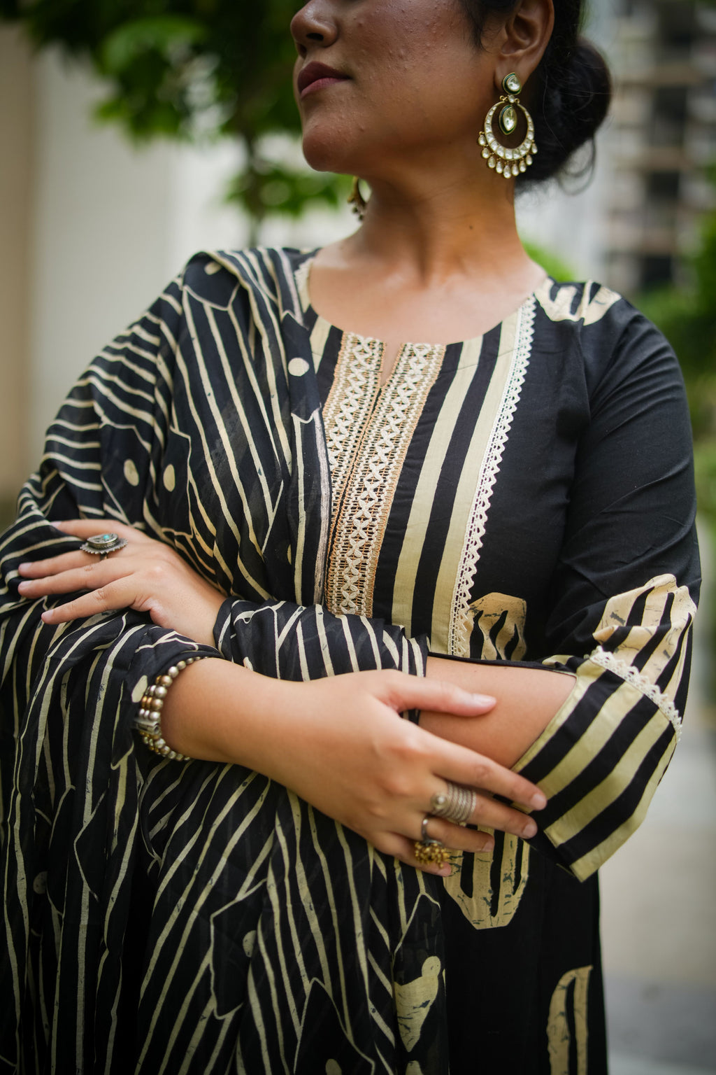 Black & Beige Geometric Embroidered Anarkali kurta With Pant & Dupatta