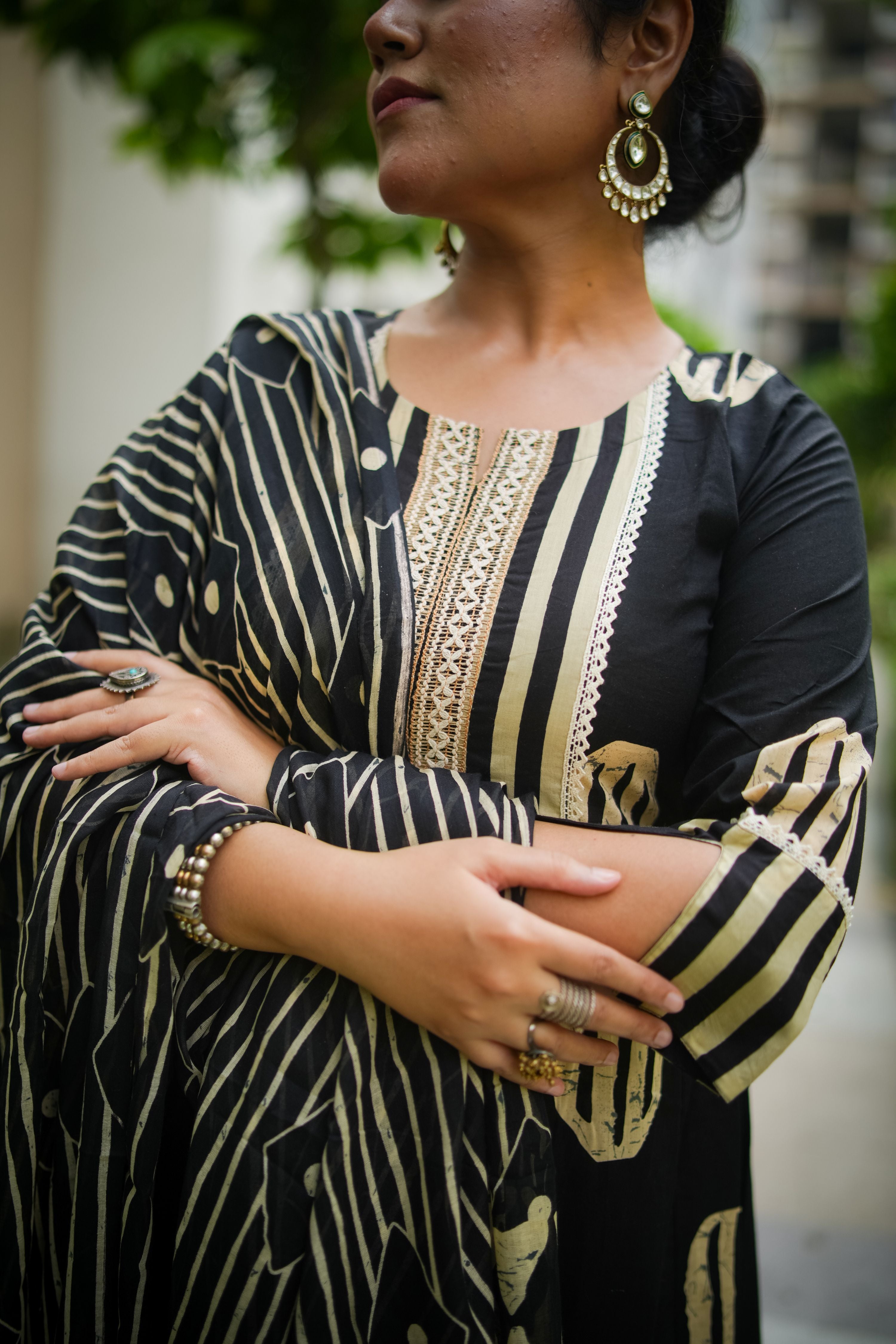 Black & Beige Geometric Embroidered Anarkali kurta With Pant & Dupatta