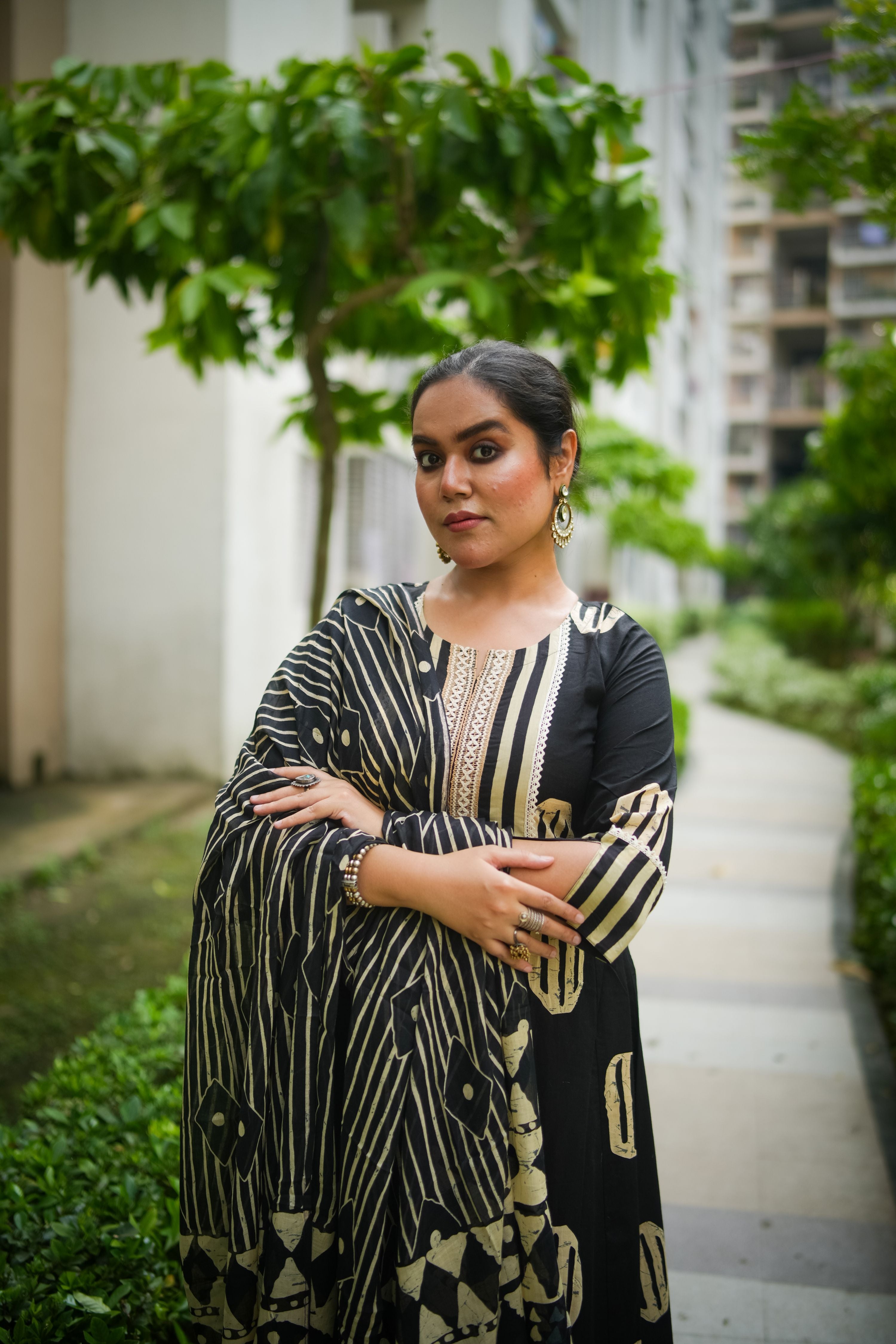 Black & Beige Geometric Embroidered Anarkali kurta With Pant & Dupatta