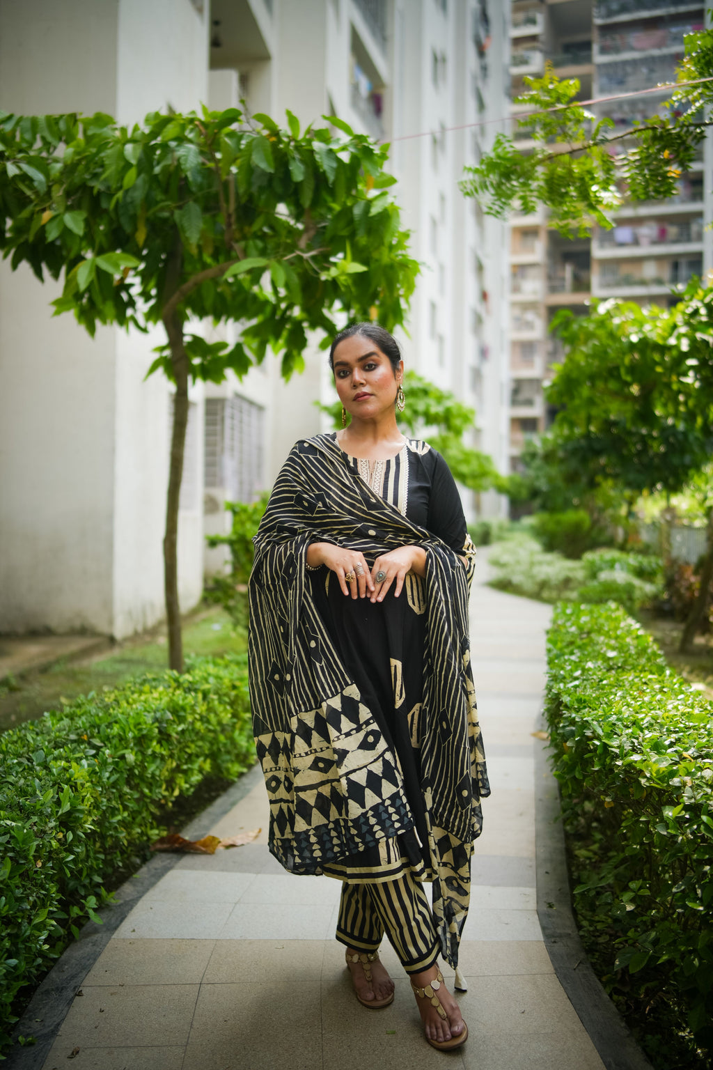 Black & Beige Geometric Embroidered Anarkali kurta With Pant & Dupatta