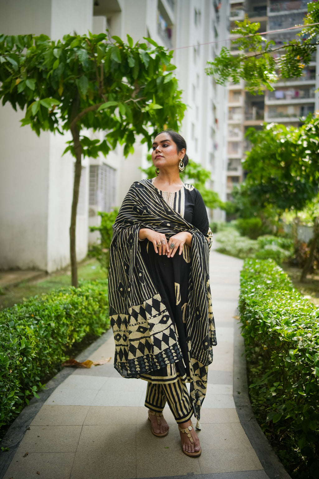 Black & Beige Geometric Embroidered Anarkali kurta With Pant & Dupatta