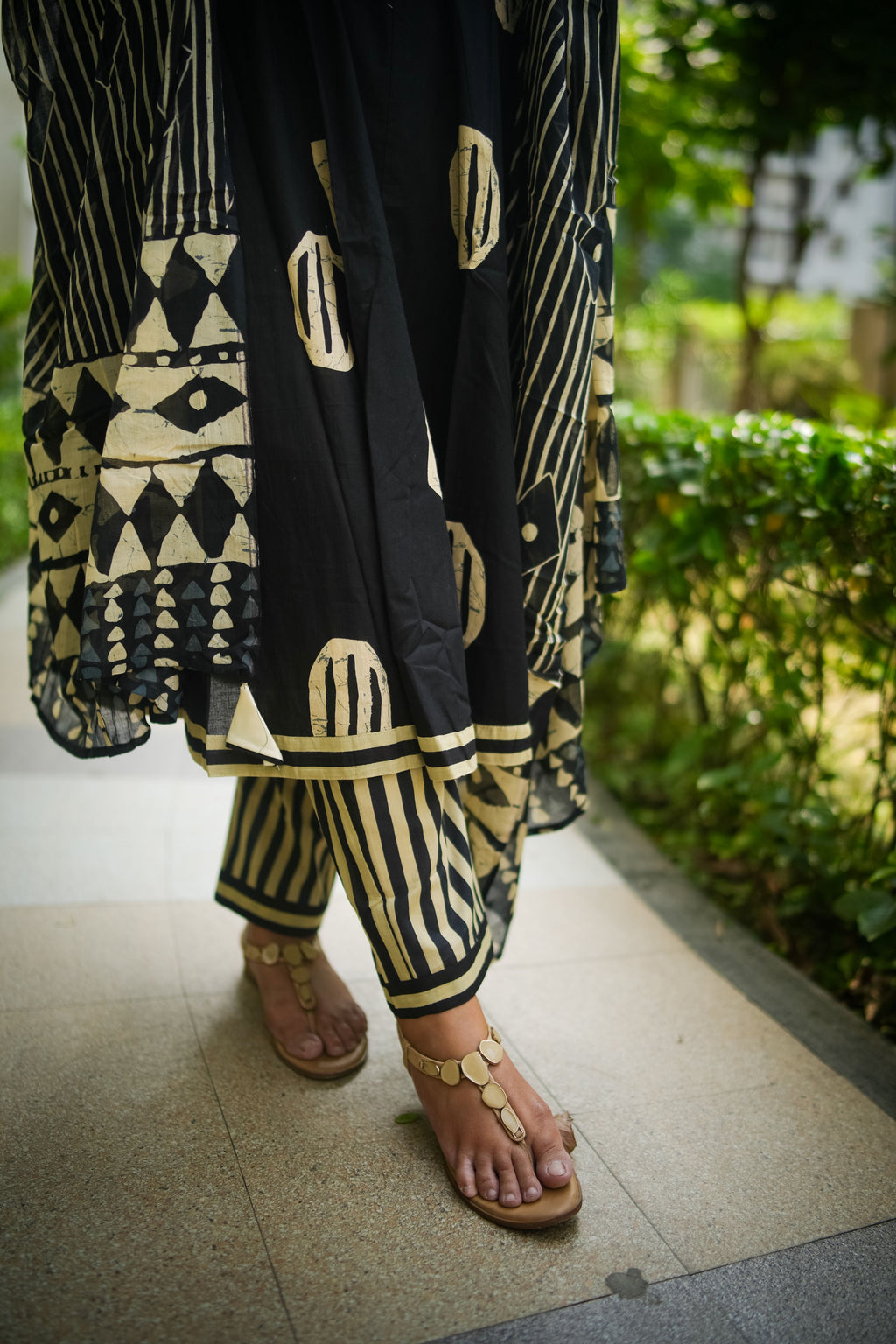 Black & Beige Geometric Embroidered Anarkali kurta With Pant & Dupatta