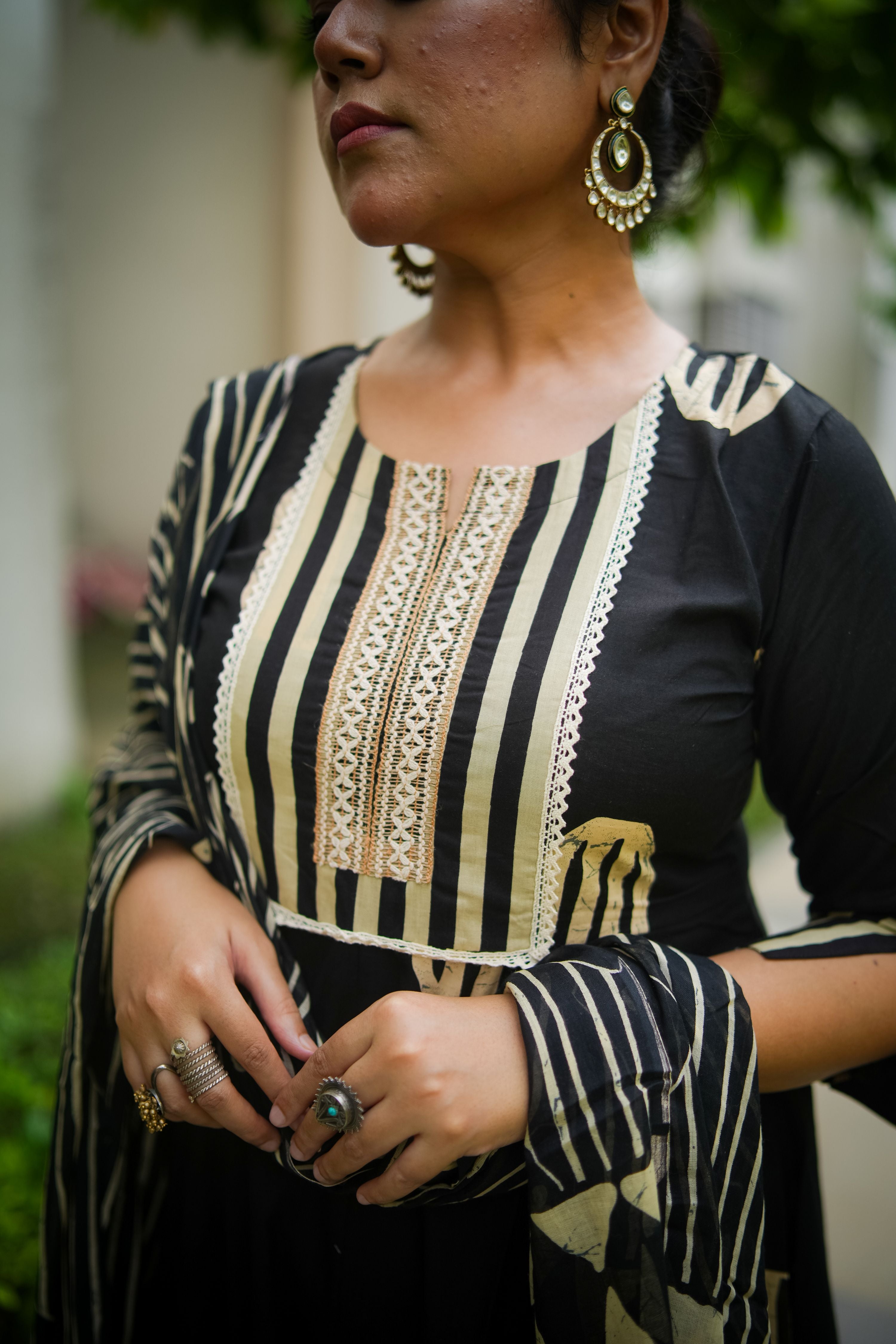 Black & Beige Geometric Embroidered Anarkali kurta With Pant & Dupatta