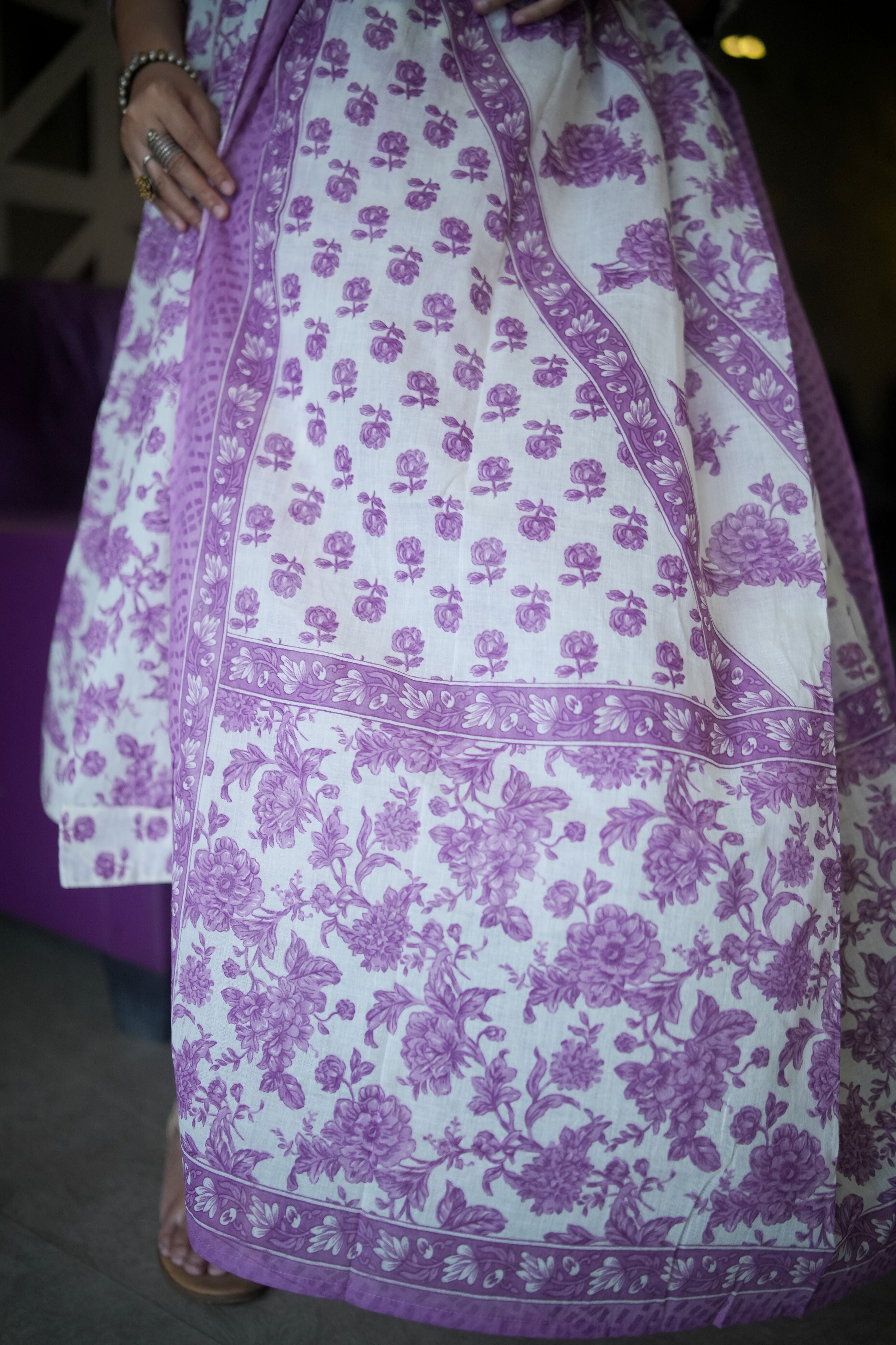 White & Purple Floral Embroidered Anarkali Kurta With Pant & Dupatta